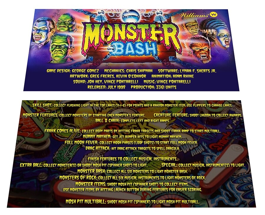 Williams Monster Bash Pinball Custom Apron Instruction Cards