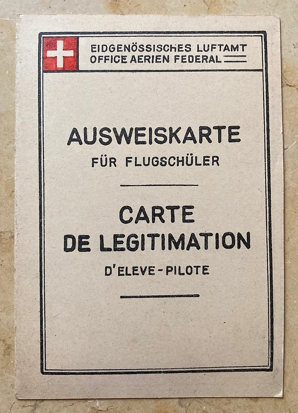 ORIGINAL PRE-WW2 OFFICIAL SWISS AIR FORCE STUDENT-PILOT ID CARD JAN. 1932