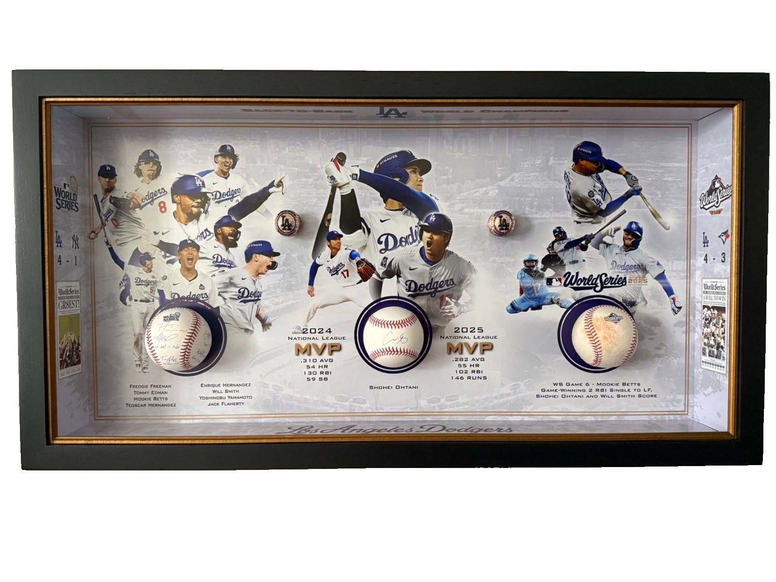 LA Dodgers 2024 & 2025 WS Champions Display 1/1 - Ohtani Betts Signed Game Used