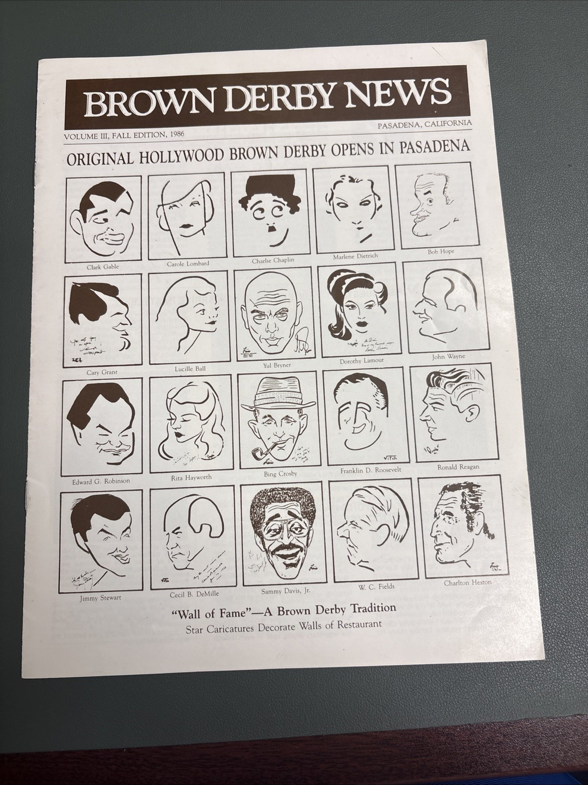 1986 Brown Derby News Premiere Edition Hollywood Pasadena Restaurant Memorabilia