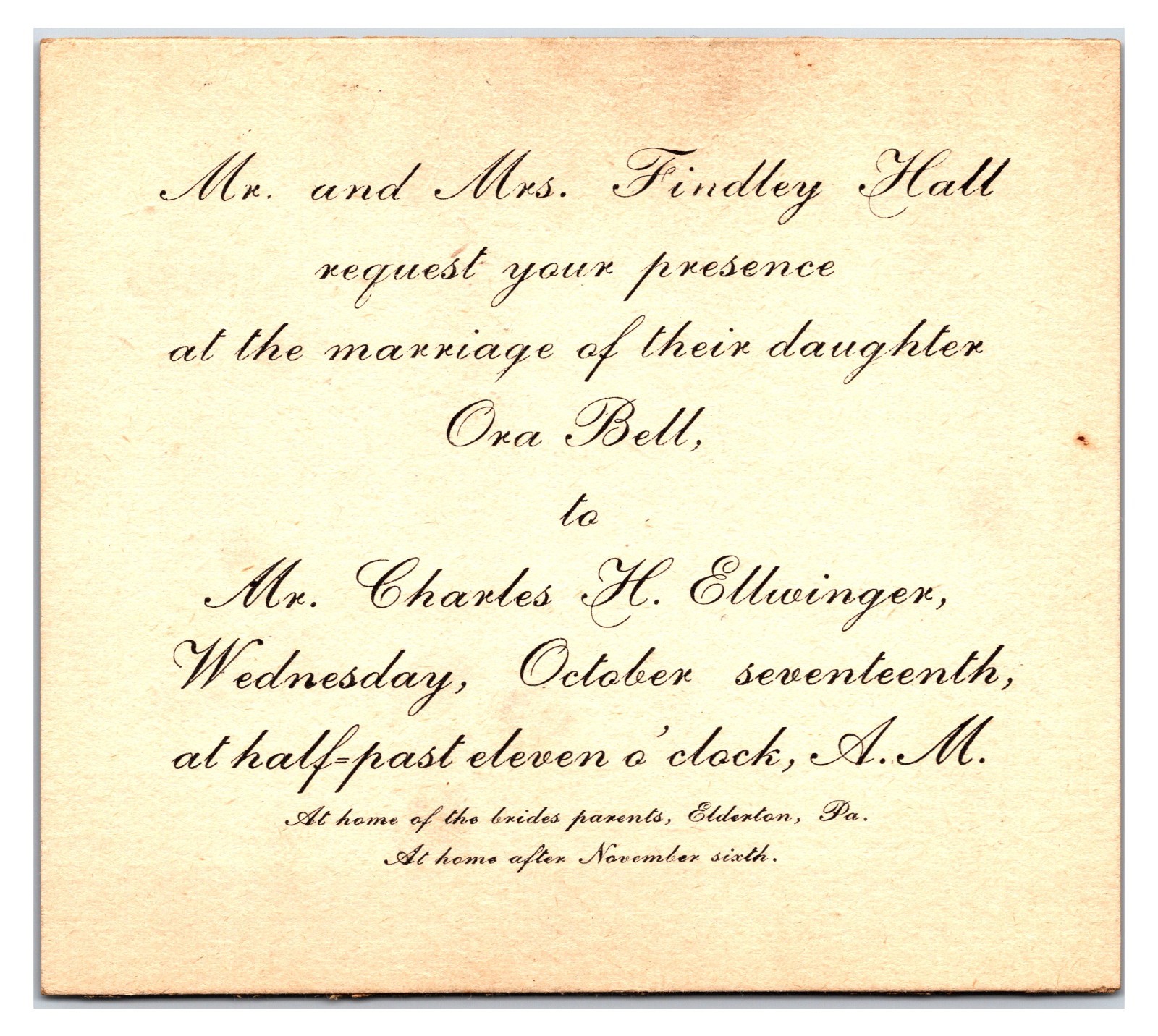 Original 1910s - Wedding Announcement and Invitation Card - Elderton, PA