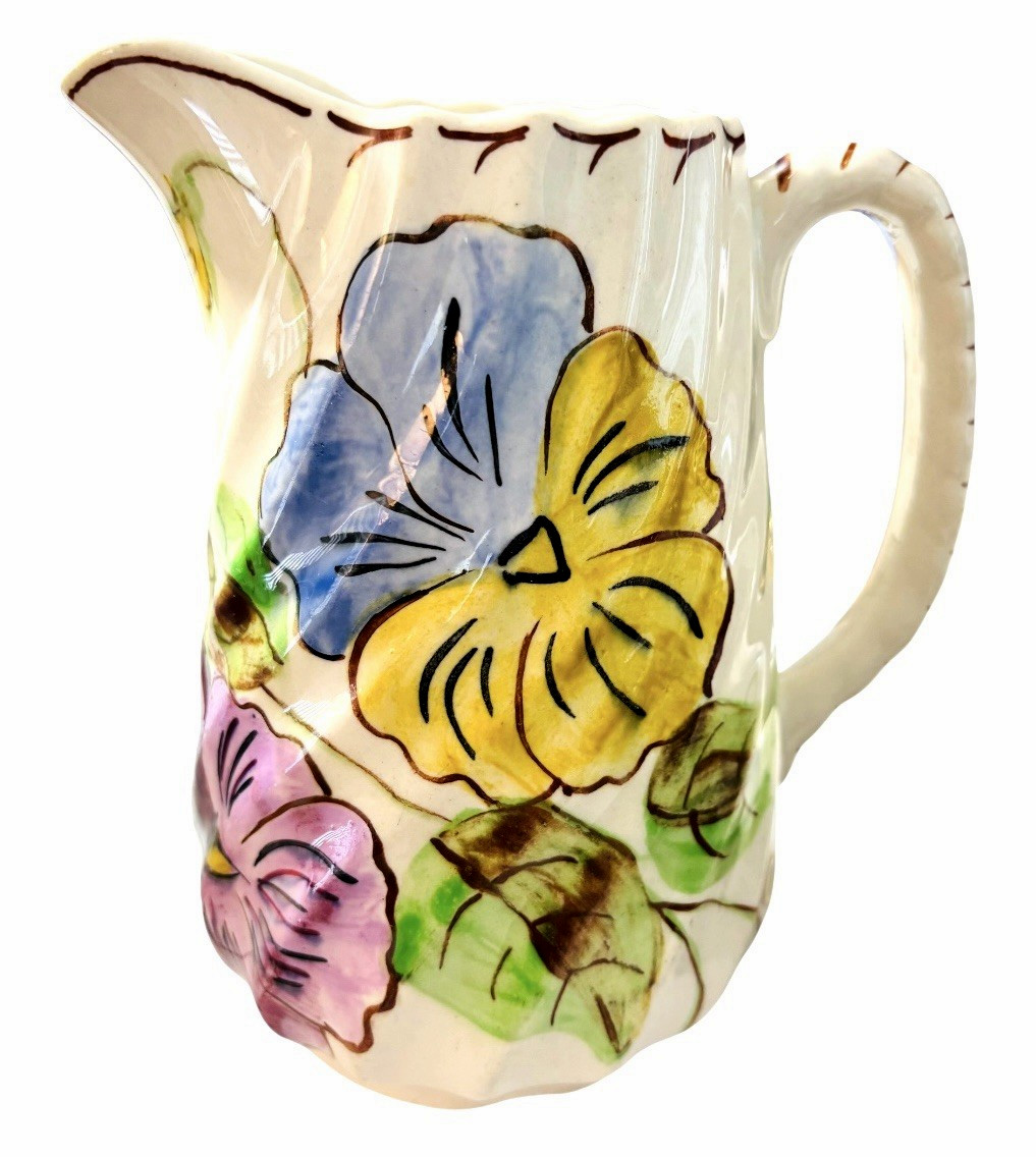 VINTAGE SOUTHERN POTTERIES BLUE RIDGE HAND-PAINTED PANSY SPIRAL MILK JUG 6.5\