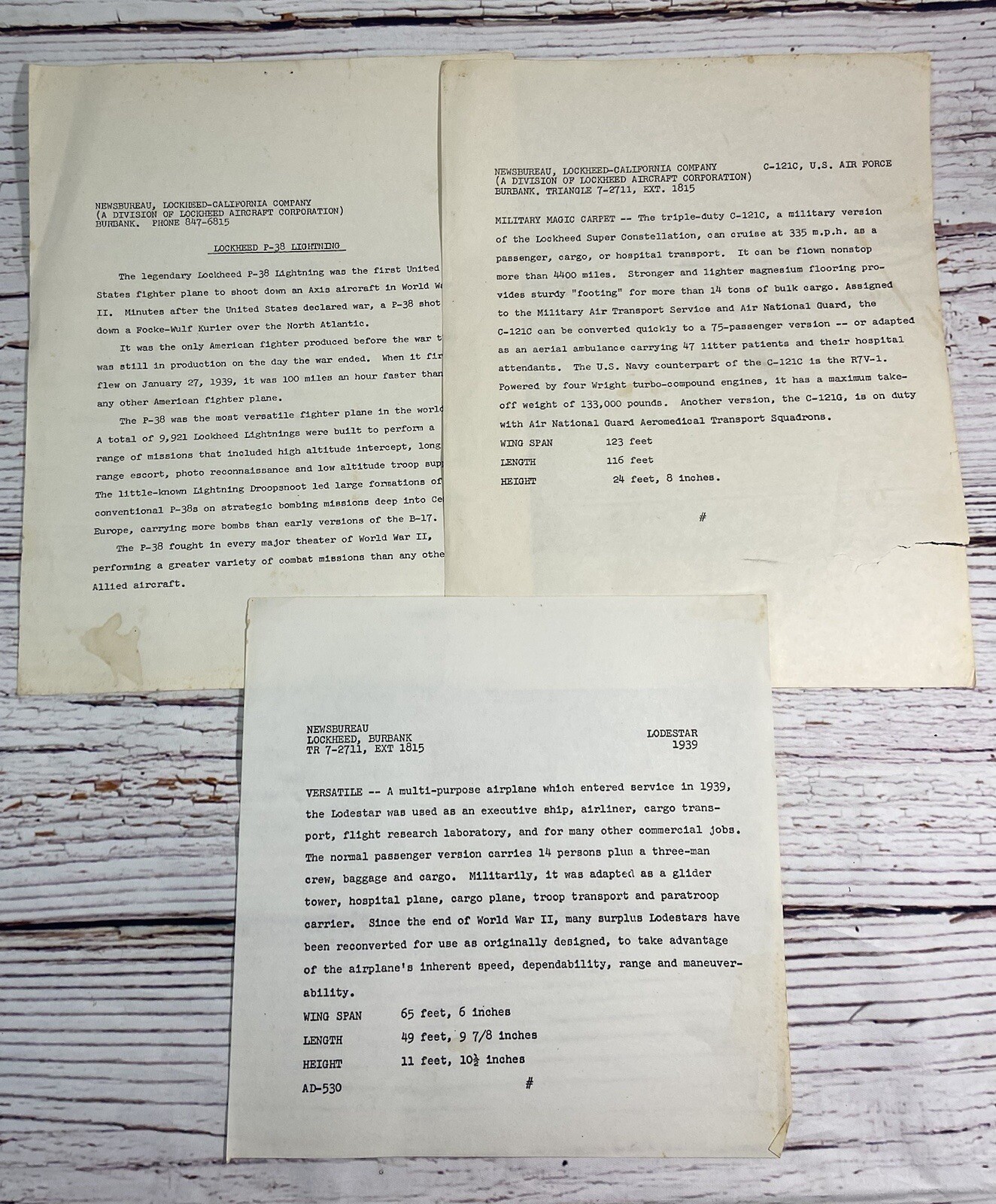VTG Lockheed P-38 Lightening, C121C, Lodestar 1939 Aircraft Press Releases 