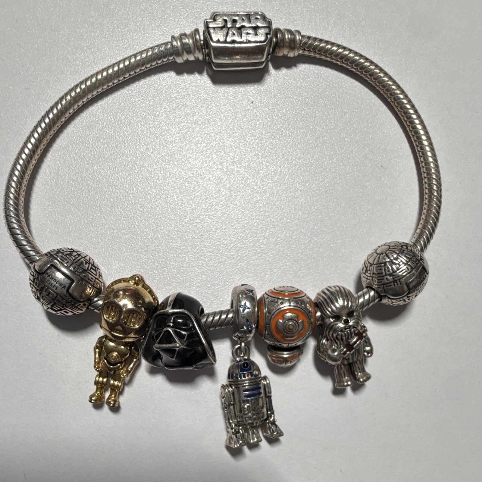 PANDORA Star Wars Charm Bracelet w/ C-3PO Darth Vader R2-D2 BB-8 Chewbacca