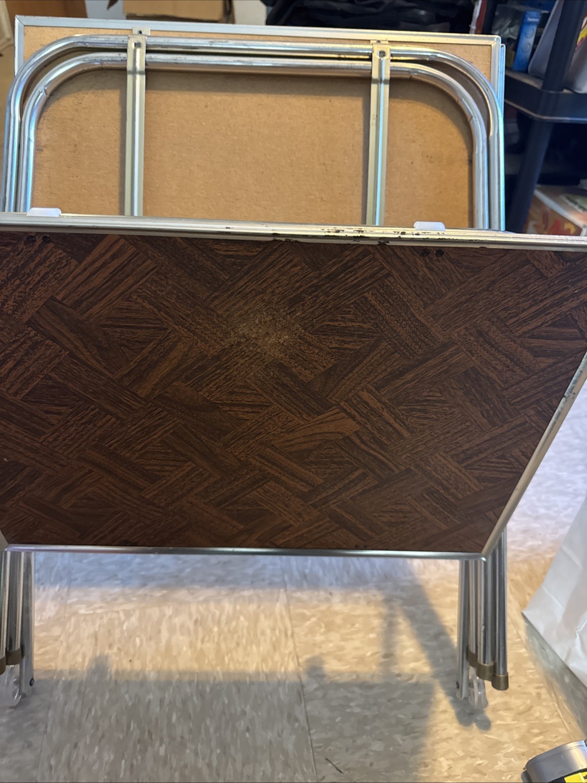 Vintage TV Trays With Rolling Stand Cart Set of 3  Faux Parquet Wood Metal