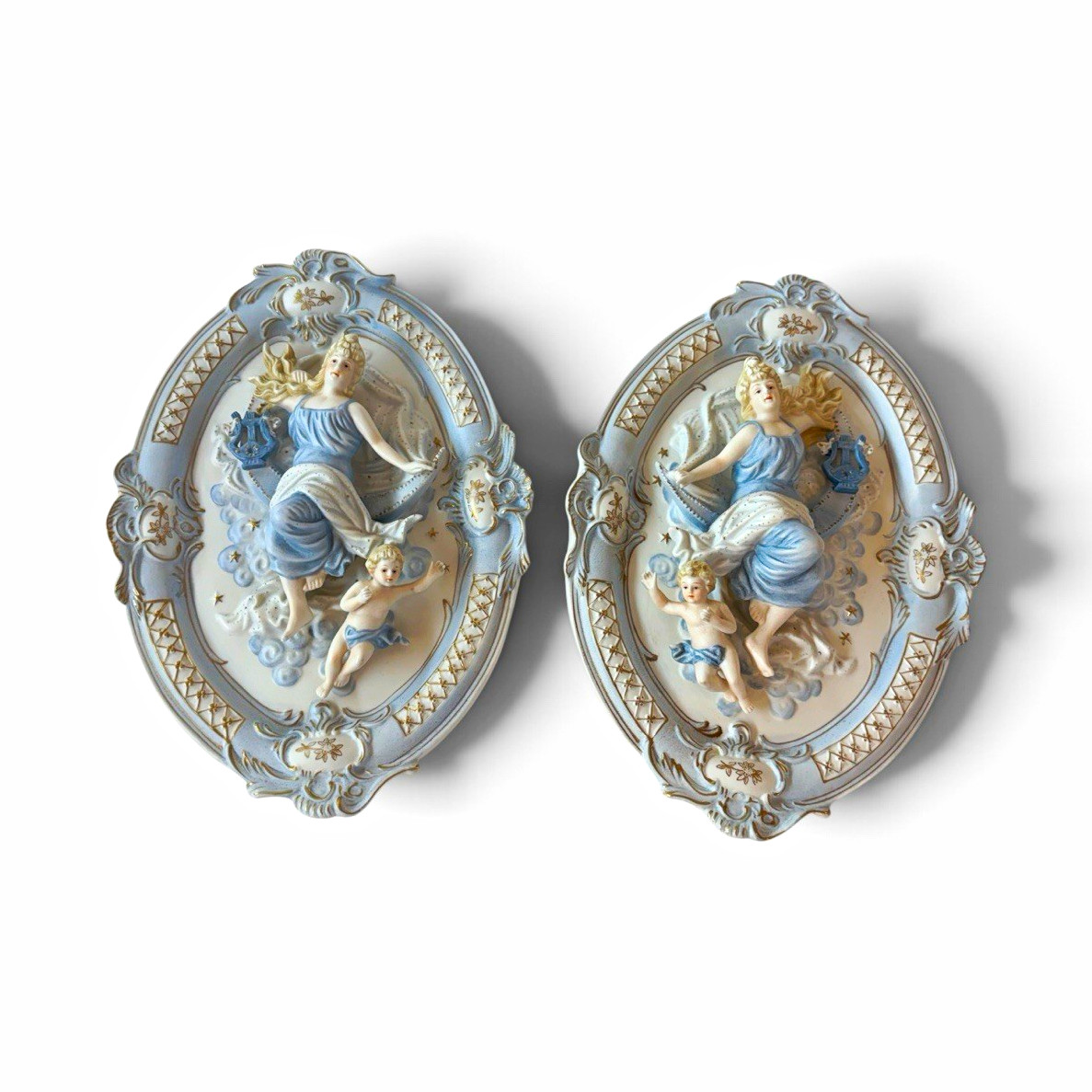 Pair Vintage Oval Ceramic Angel Cherub Wall Plaques Relief Blue Gold
