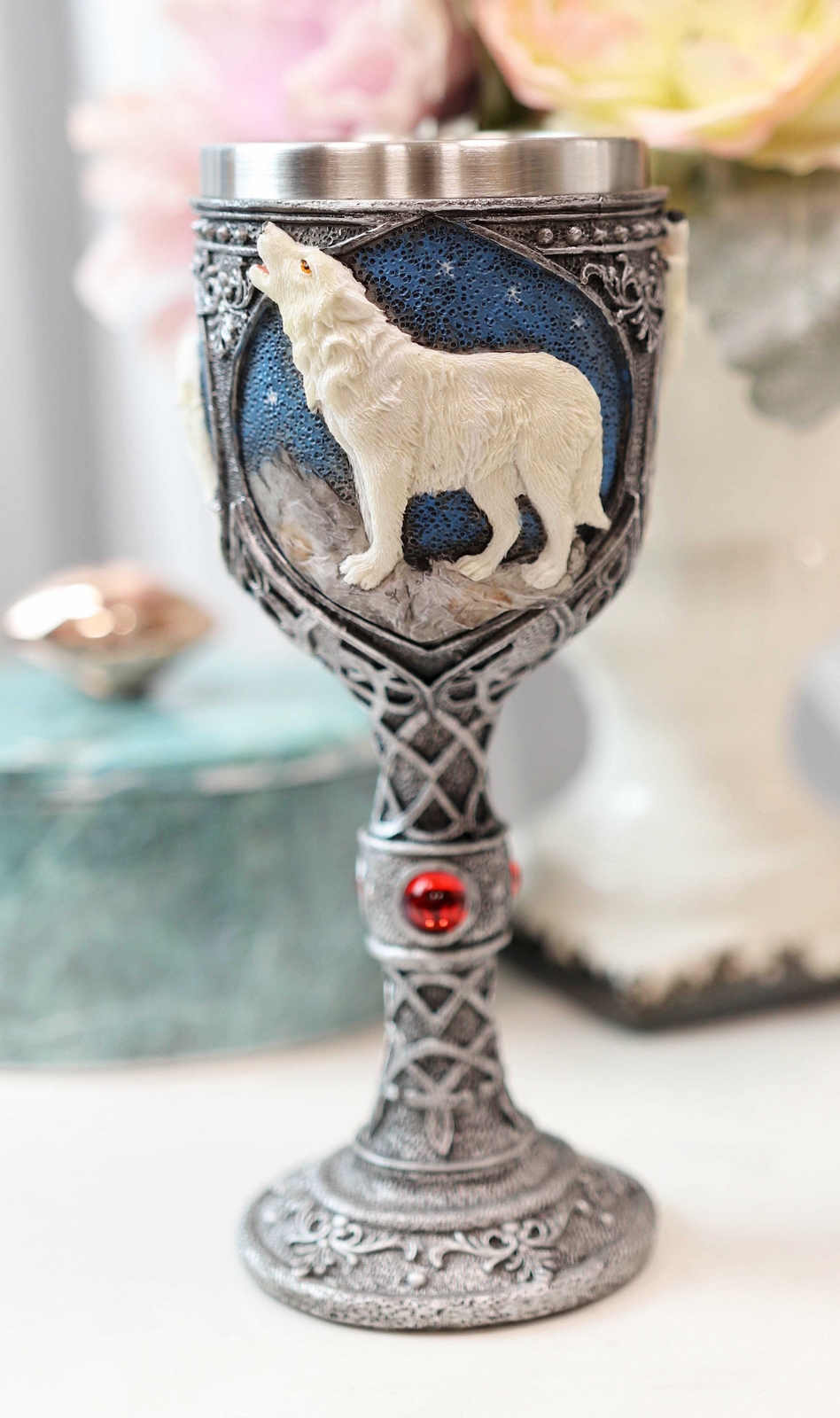 Ebros Gift Celtic White Wolf Rhinestone Figurine Goblet 7.5\