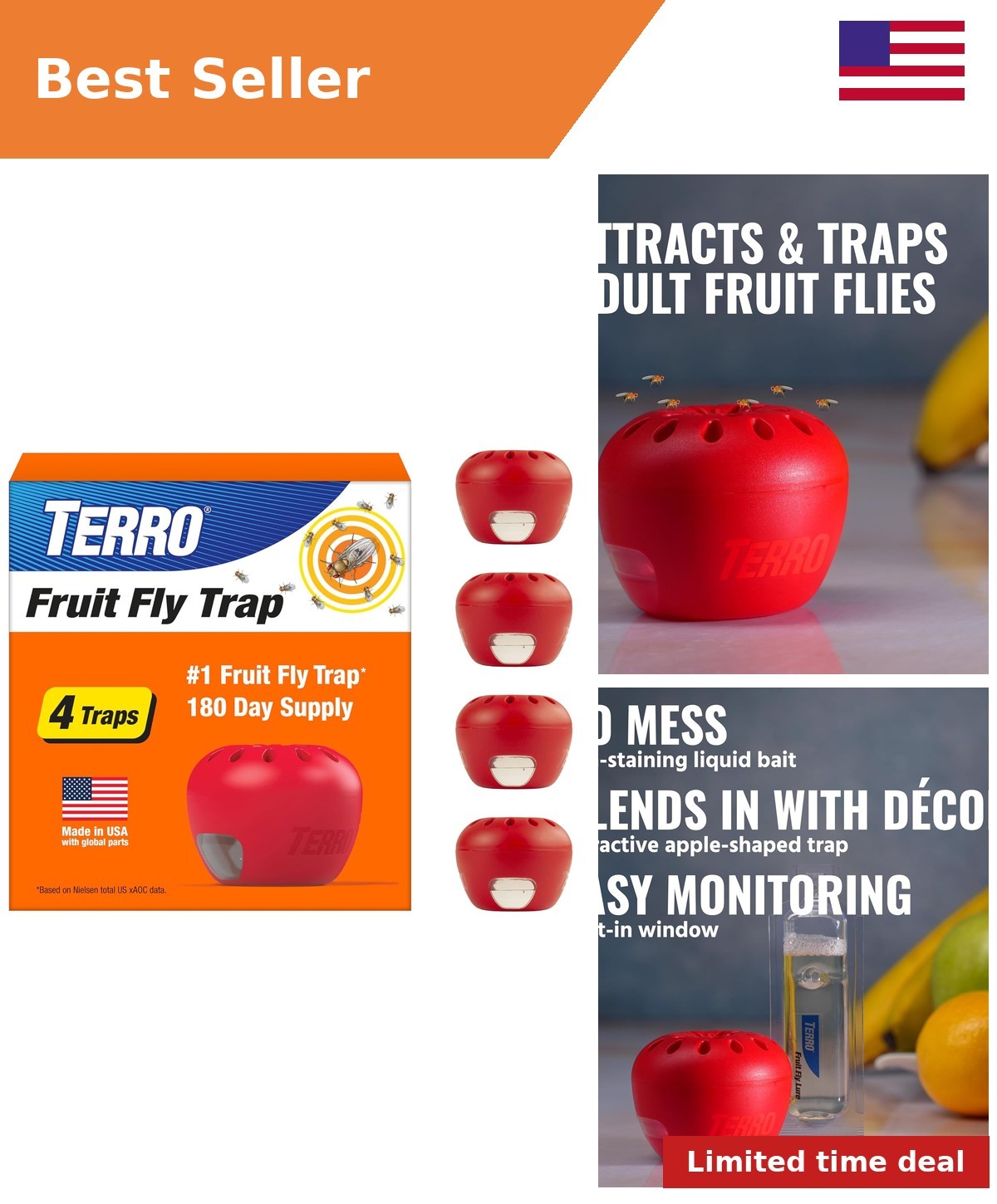 TERRO Fruit Fly Trap 4-Pack, 180 Day Lure Supply, Food-Based Lure