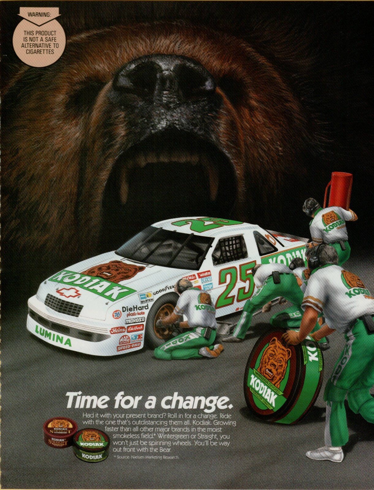 1992 Kodiak Bear #25 NASCAR Race Car Smokeless Tobacco NASCAR Vintage Print Ad