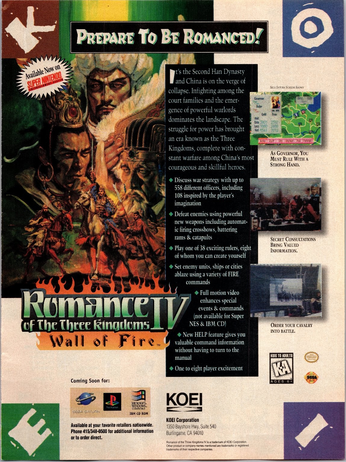 KOEI Romance IV The Three Kingdoms Wall of Fire Super Nintendo PS1 PC Game Ad
