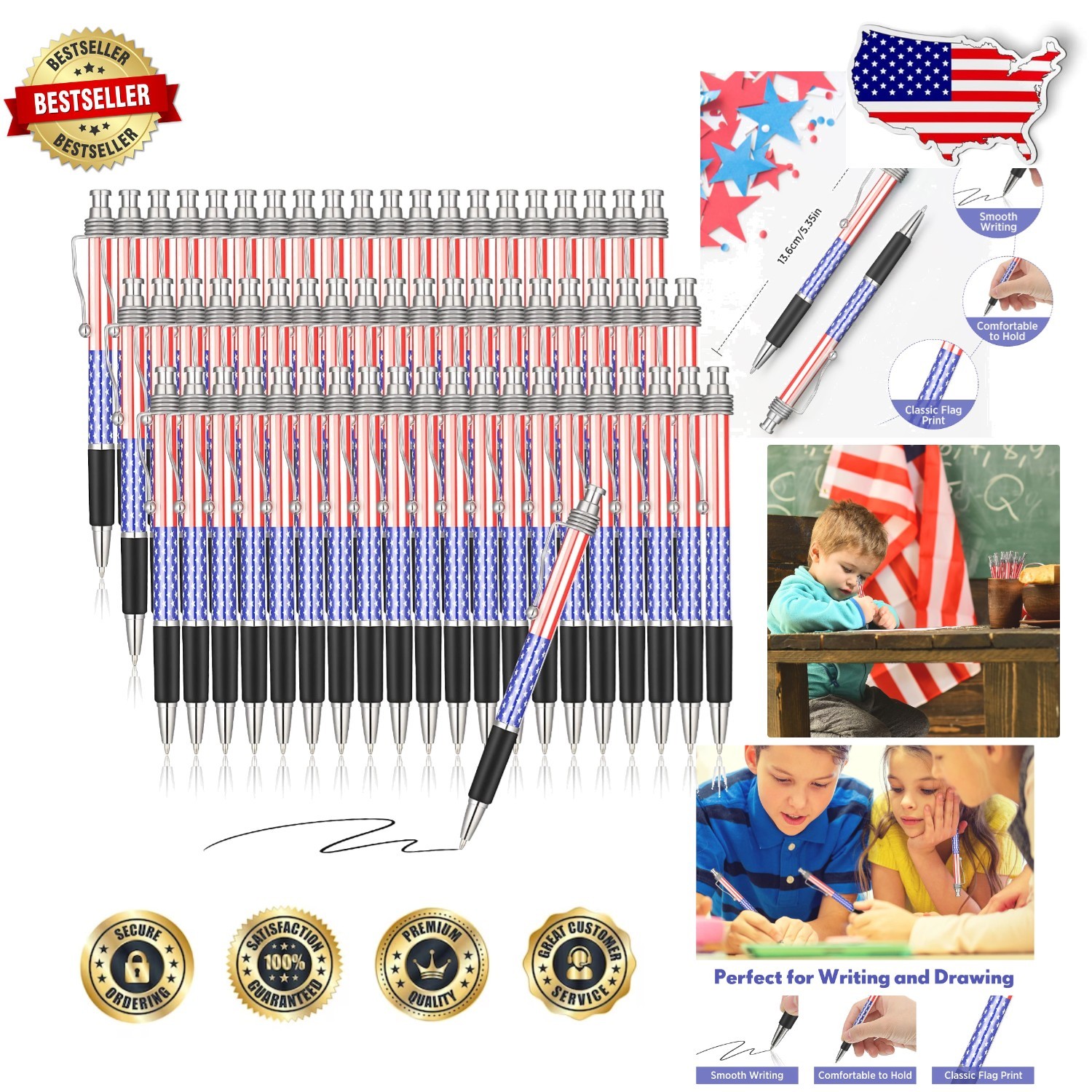 Bulk American Flag Pens 200ct - USA Patriotic Writing, Black Ink, Durable Metal