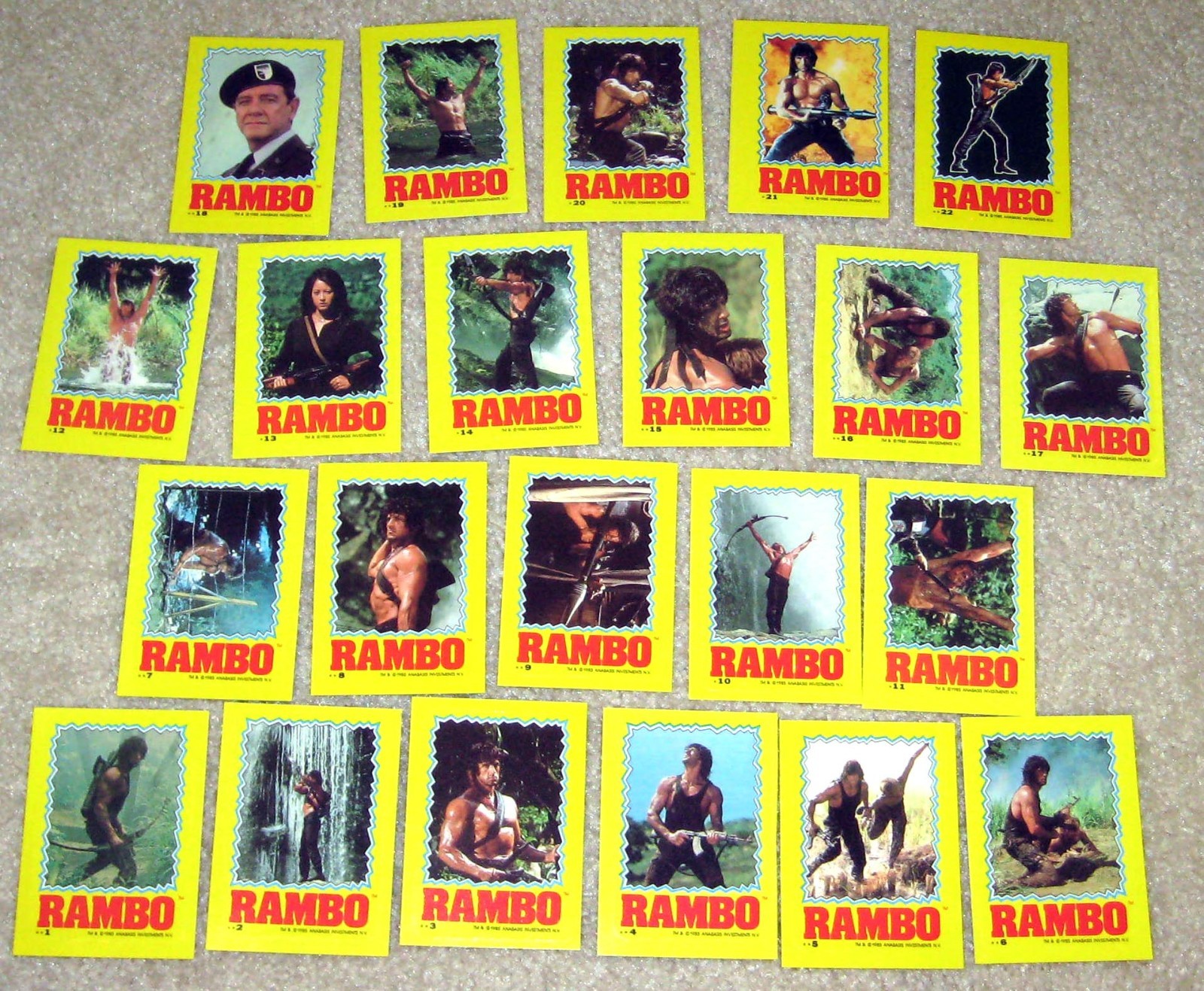 RAMBO First Blood II 1985 Topps Complete 22 Sticker Card  Set Sylvester Stallone