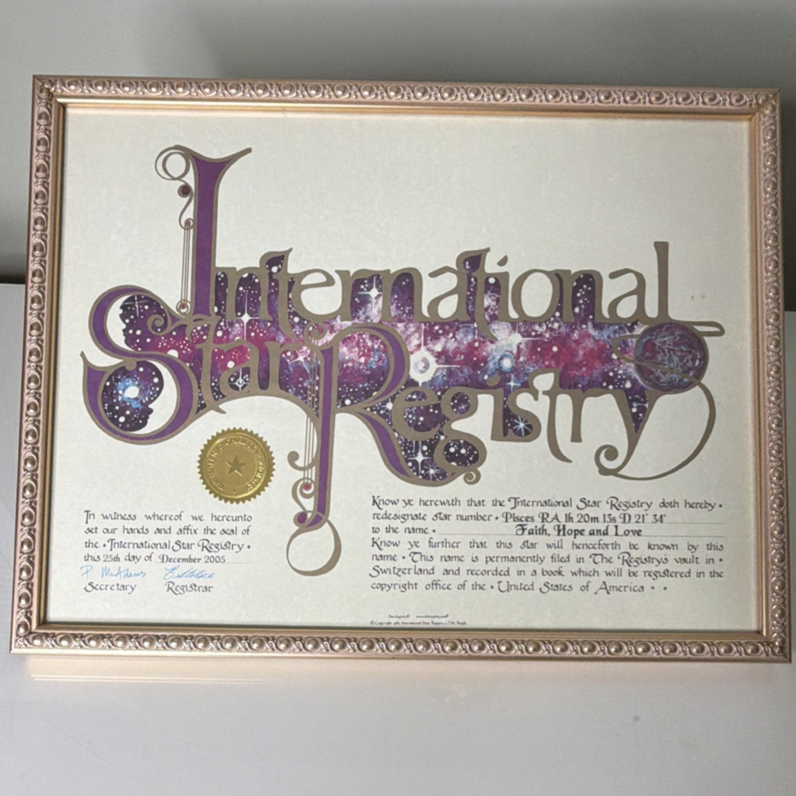 International Star Registry Framed Certificate Faith Hope and Love Star 