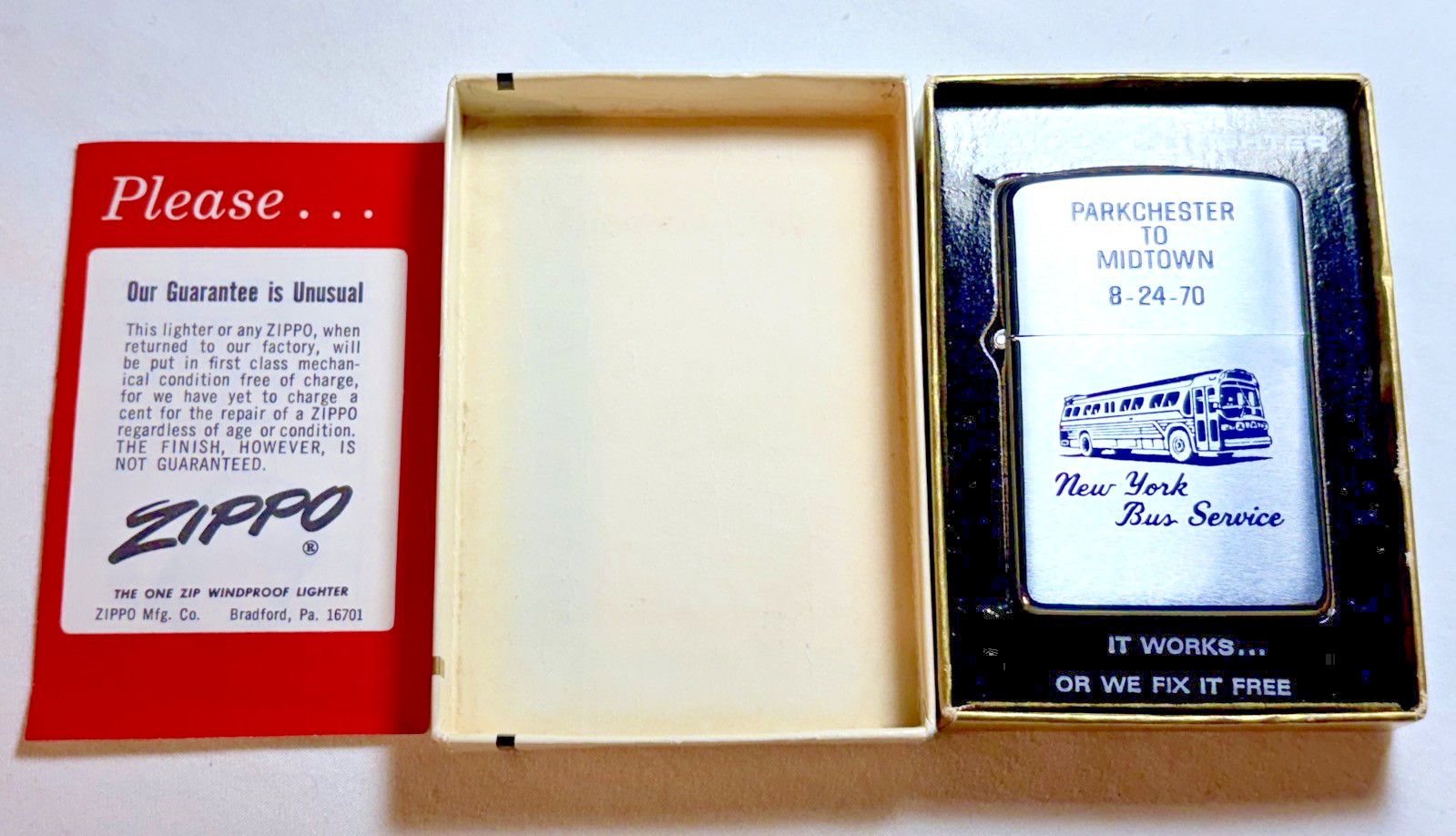 Vintage Zippo Lighter NYC Bus Service in Orginal Box Never Fired Used 8-24-1970