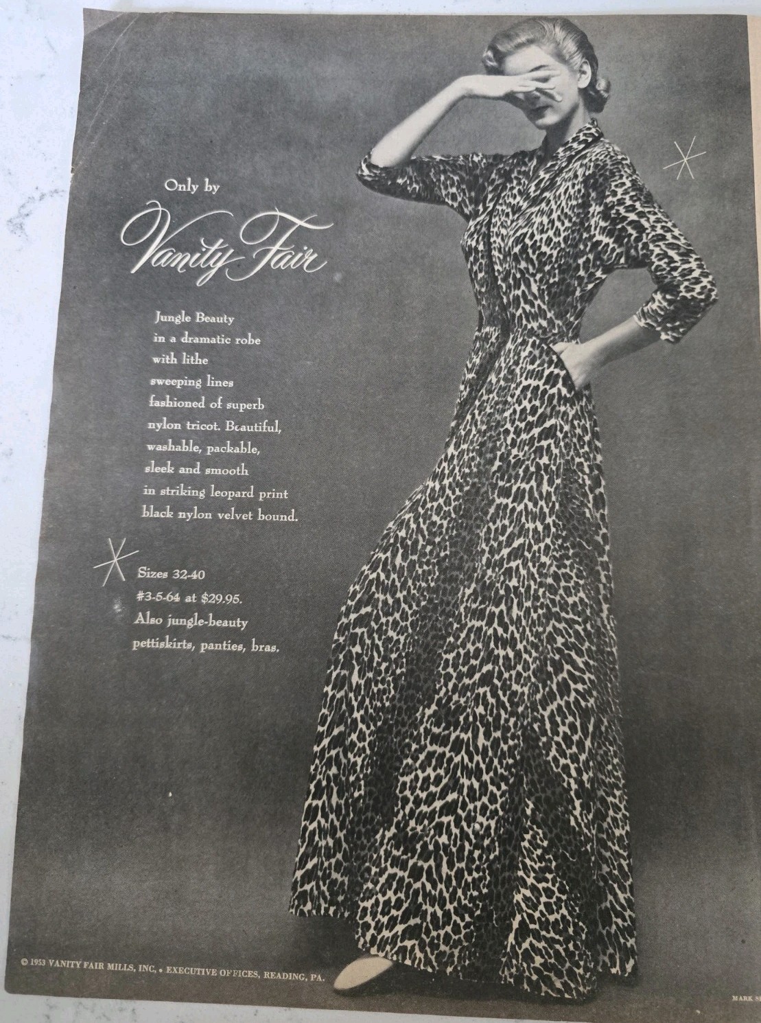 1953 Womens Vanity Fair Leopard print jungle beauty bathrobe Lingerie fashion Ad