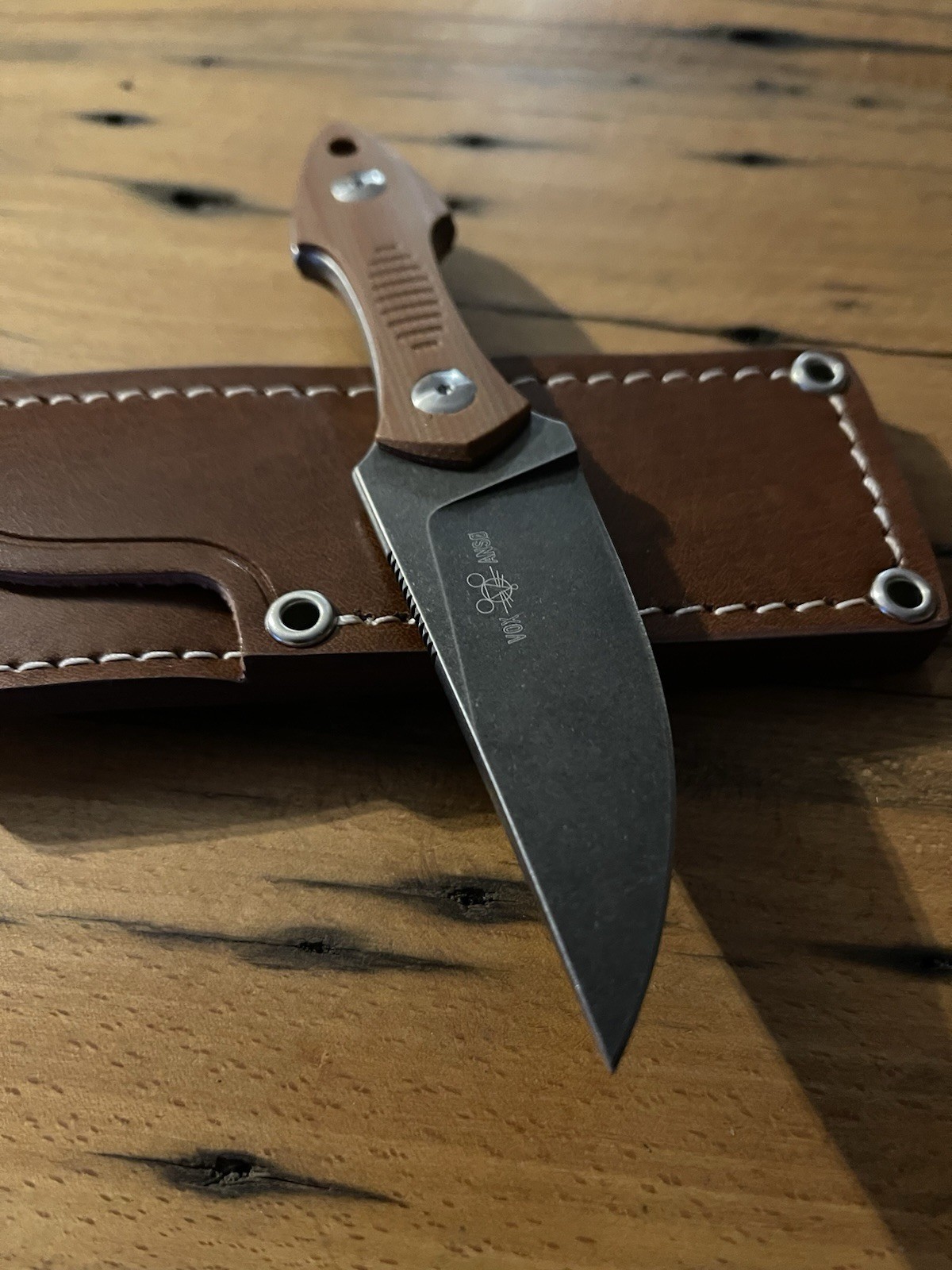 Giant mouse neck knife Canvas Micarta handles leather sheath