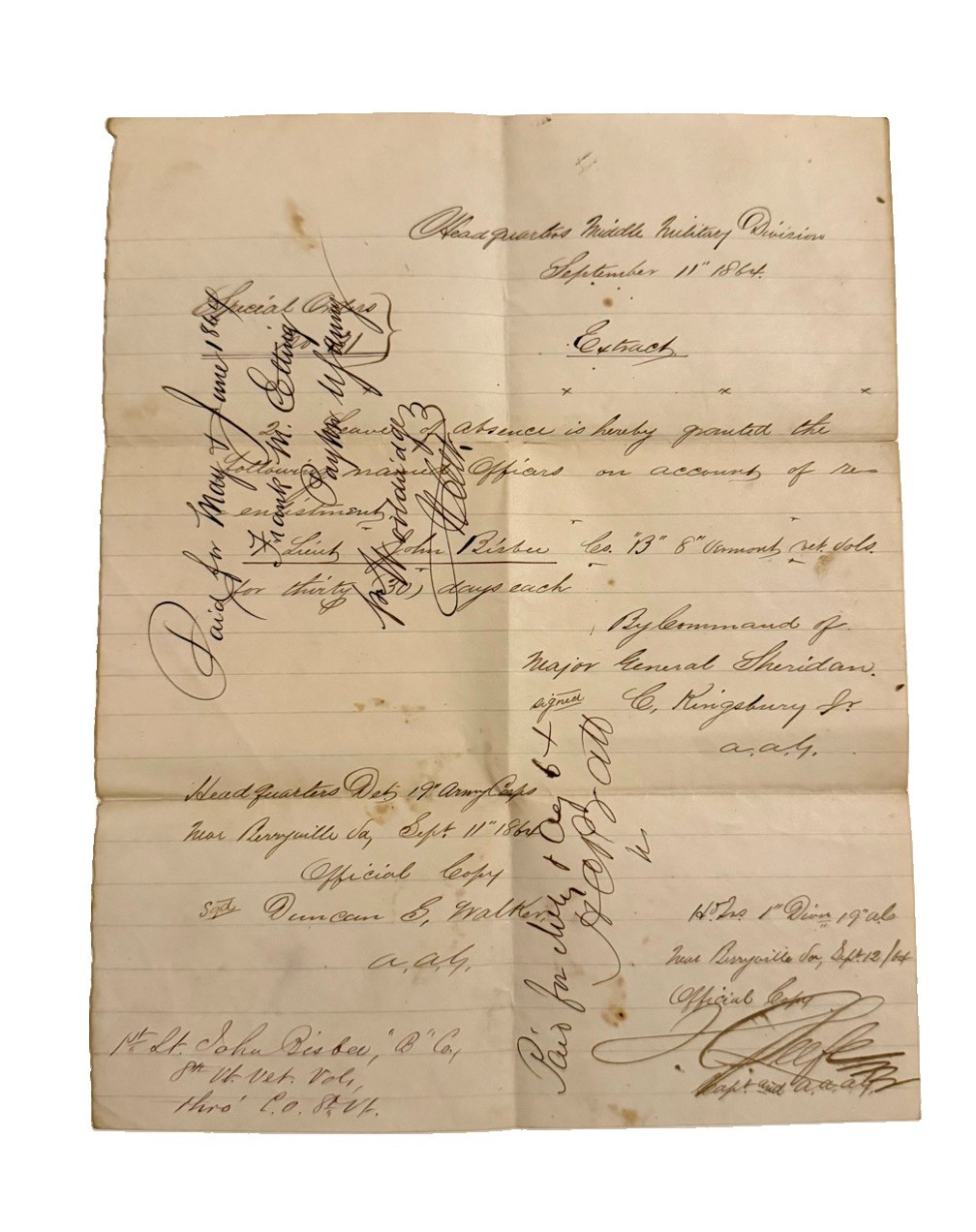 RARE 1864 Civil War Document - 1st Lt John Bisbee 8th Vermont Shenandoah Valley