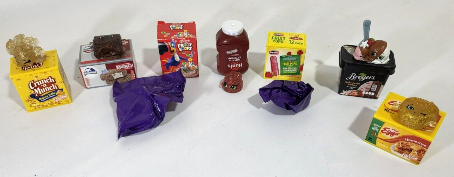 Shopkins Real Littles LOT of 7 Eggo Breyers, Fruit Loops, Fruit Pops, Hunts +