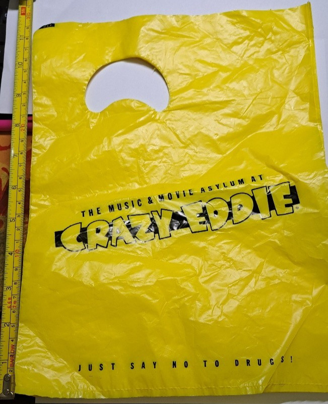 RARE 1980\'S Vintage CRAZY EDDIE  PLASTIC SHOPPING BAG YELLOW 8.5 x 11\