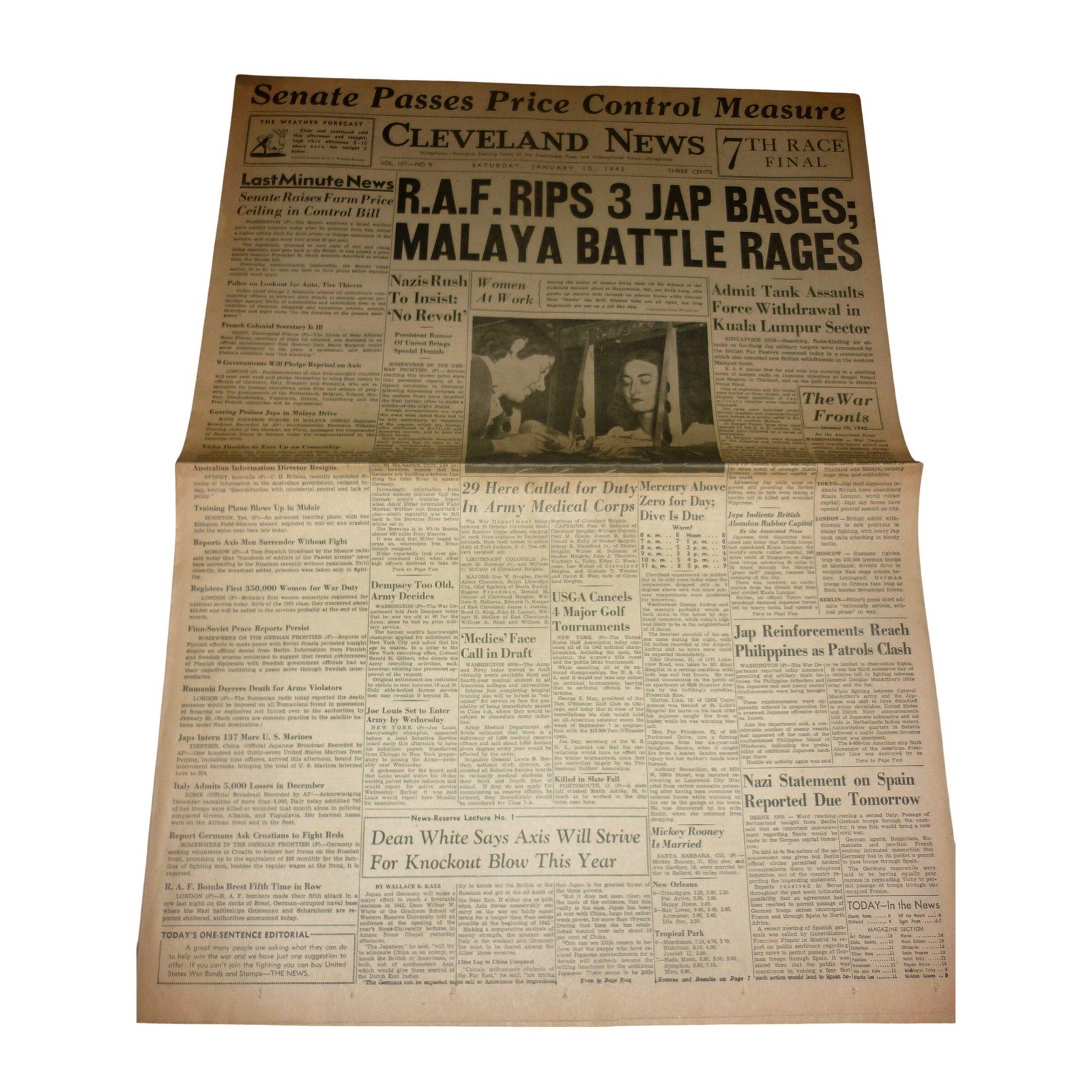 Vintage Jan 10 1942 Cleveland News Newspaper WWII RAF Malaya Joe Louis Enlists