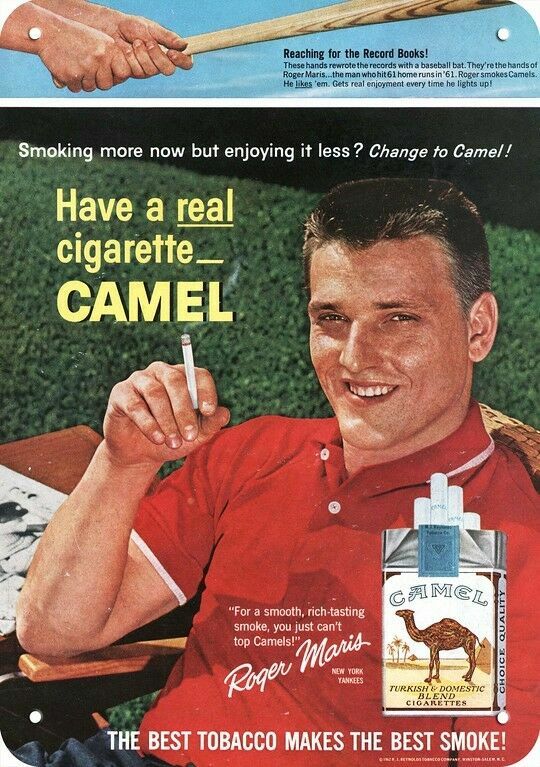 1962 New York Yankees ROGER MARIS Smokes CAMEL Cig DECORATIVE REPLICA METAL SIGN