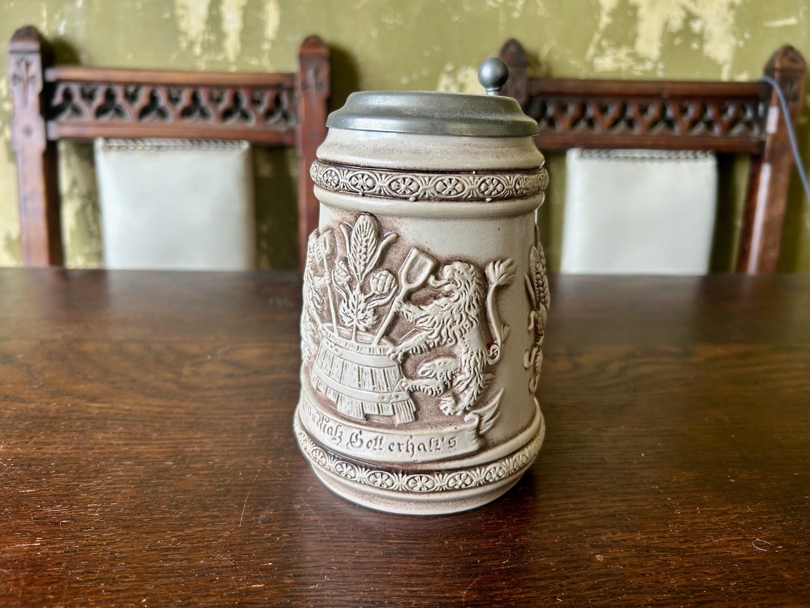 Vintage German Lidded Beer Stein Stoneware Pewter Lid Hopfen u Malz Gott Erhalt\'