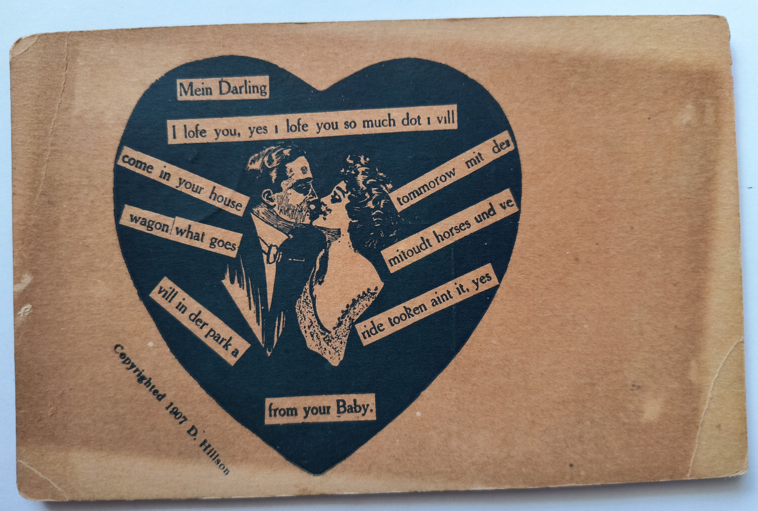 Antique 1907 D. Hillson Romantic Couple Kissing in Heart Messages Love Postcard