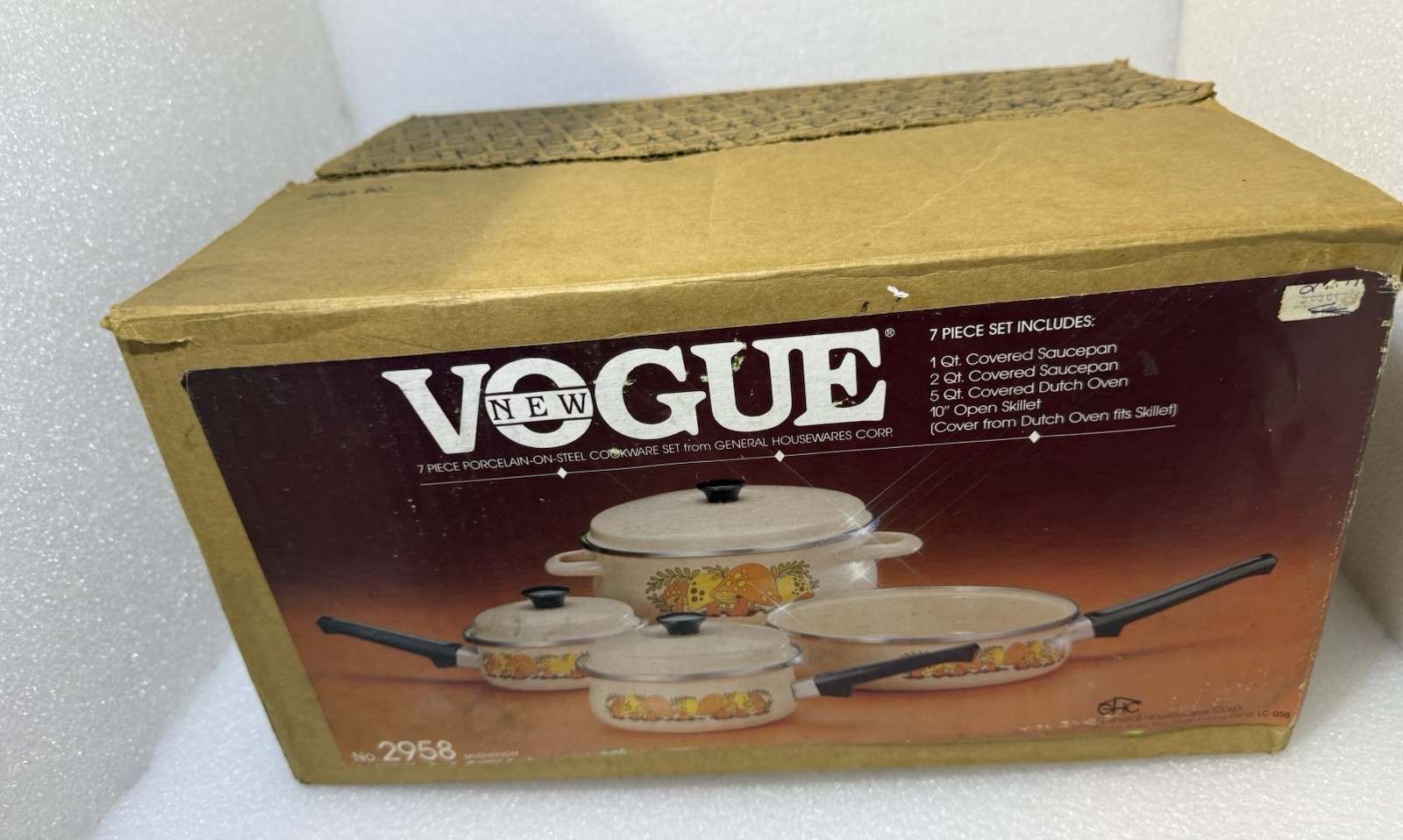 Rare Unopened Box 7 Piece 1970s New Vogue Merry Mushroom Enamelware Cookware MCM