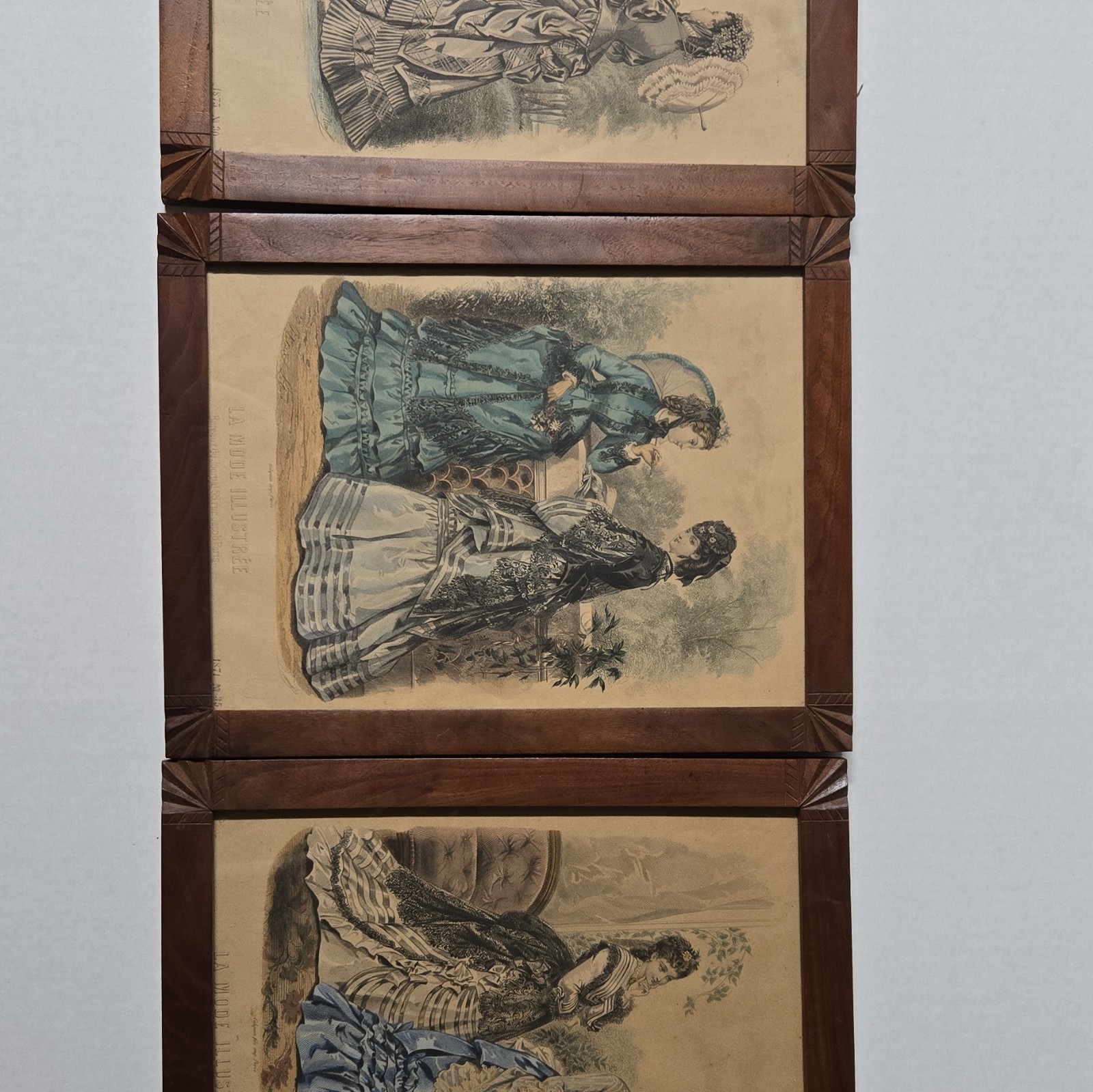 La Mode Illustrée Set of 3 Framed Victorian Fashion Women Prints 1870\'s
