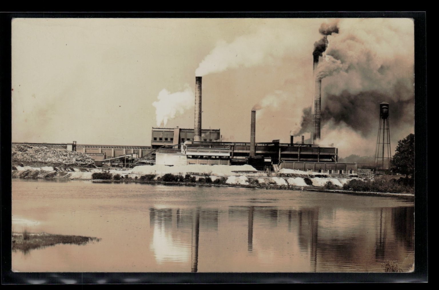 Vintage RPPC Industrial Factory Power Plant Smokestacks Waterfront Postcard