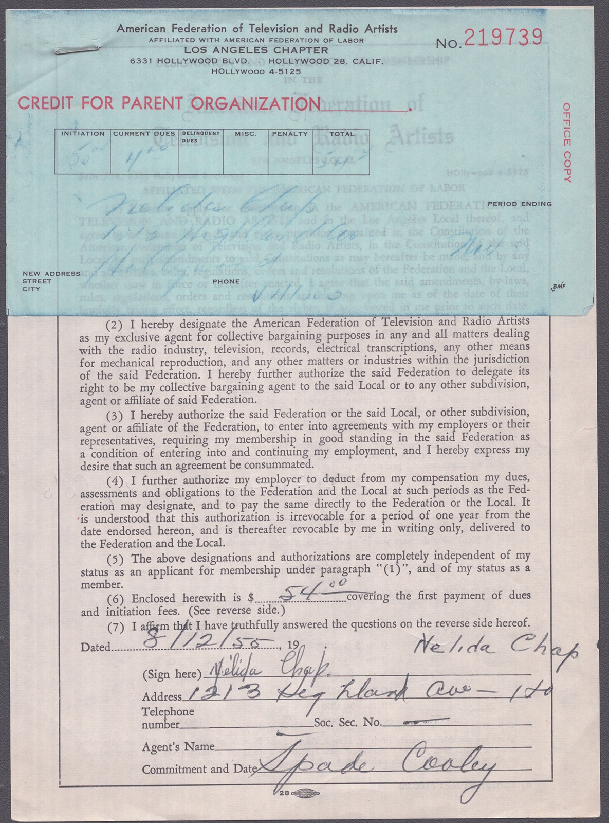SPADE COOLEY - DOCUMENT SIGNED 08/12/1955