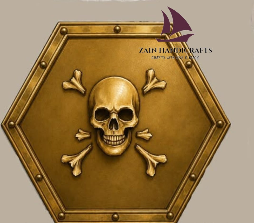 ZAIN Handmade Golden Skull Hexagonal Metal Shield Medieval Gothic Wall Decor