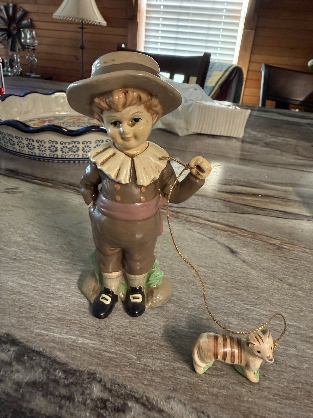 Vintage Boy Porcelain Figure With Cat On A Leash