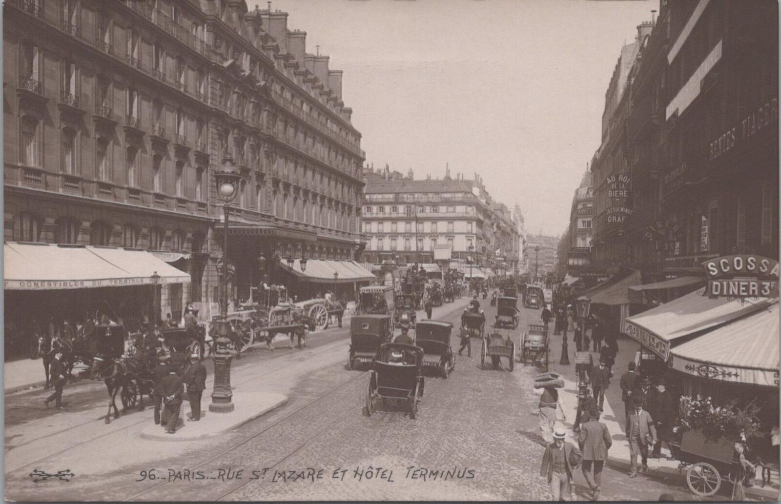 RPPC Postcard Rue St Lazare et Hotel Terminus Paris France 