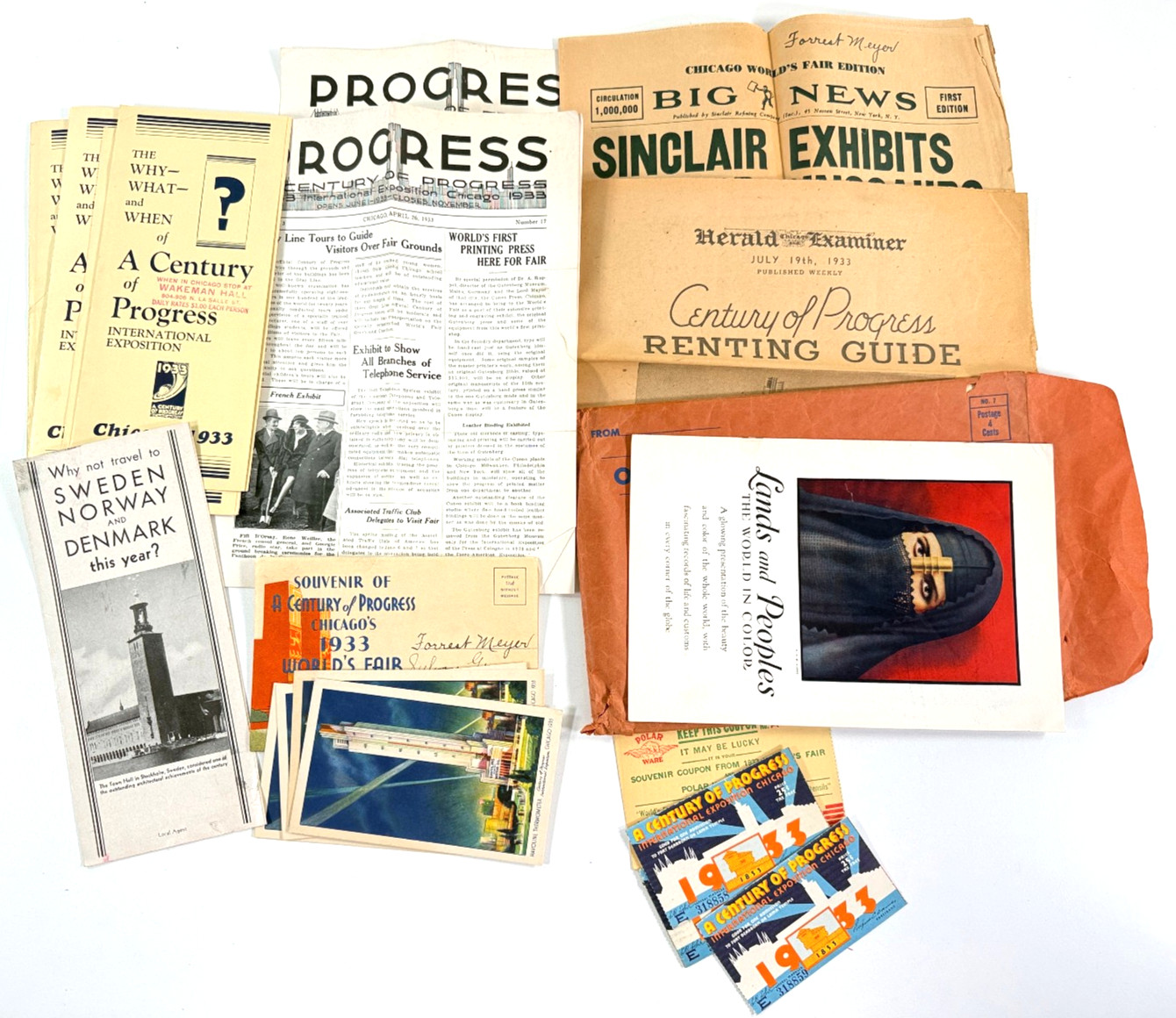vtg 1933 Lot Chicago World's Fair paper tickets newspapert pamphlets photos 