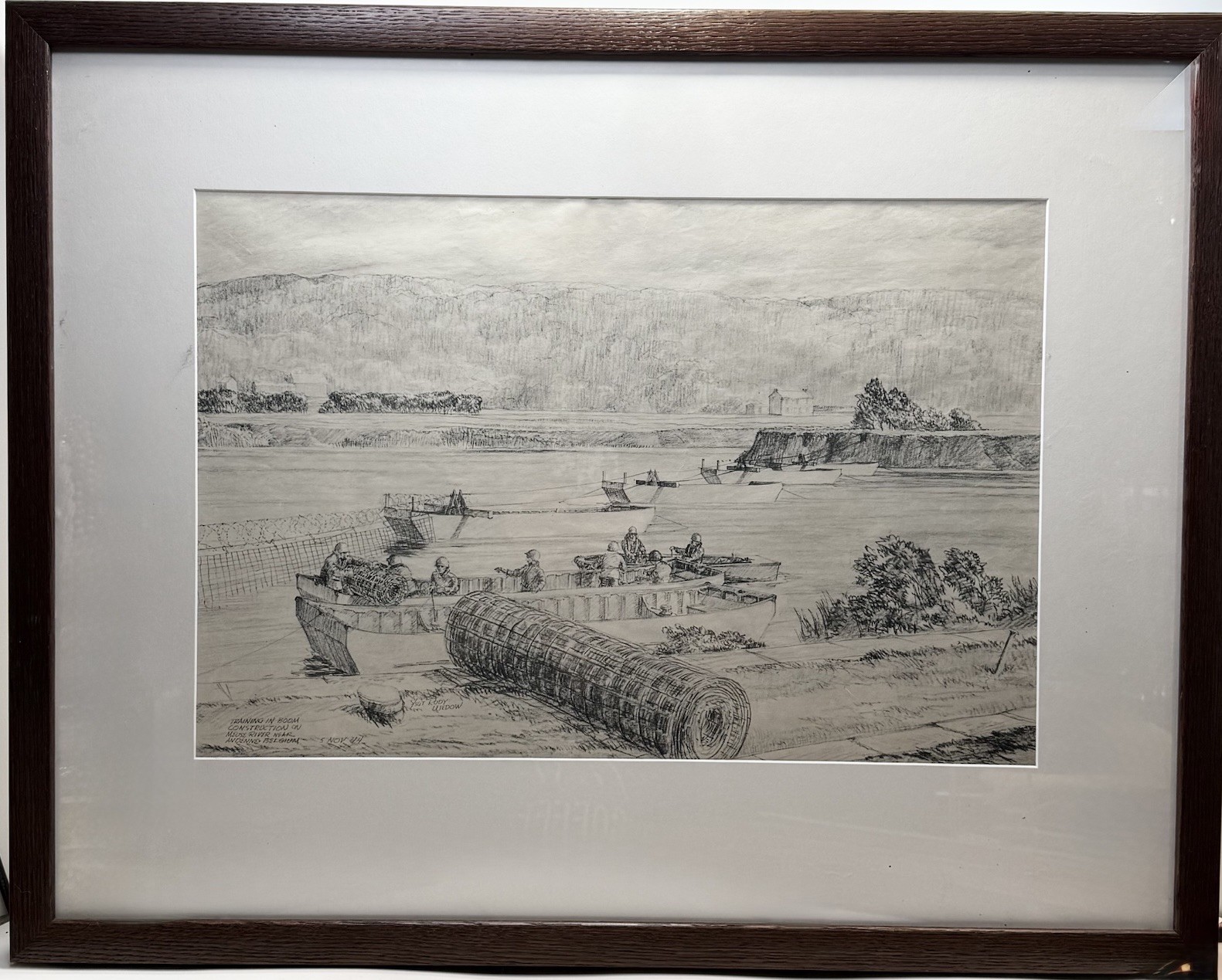 VTG 1944 WW2 Military Sketch by Rudy WEDOW Wartime Print Artwork Framed 21x26.5”