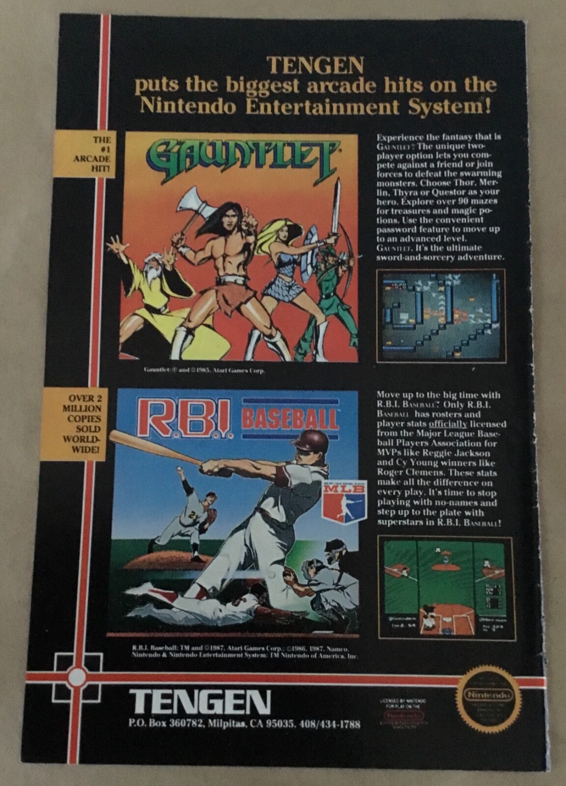 Tengen 1987 print ad retro 1980s promo art video game Gauntlet + RBI Baseball