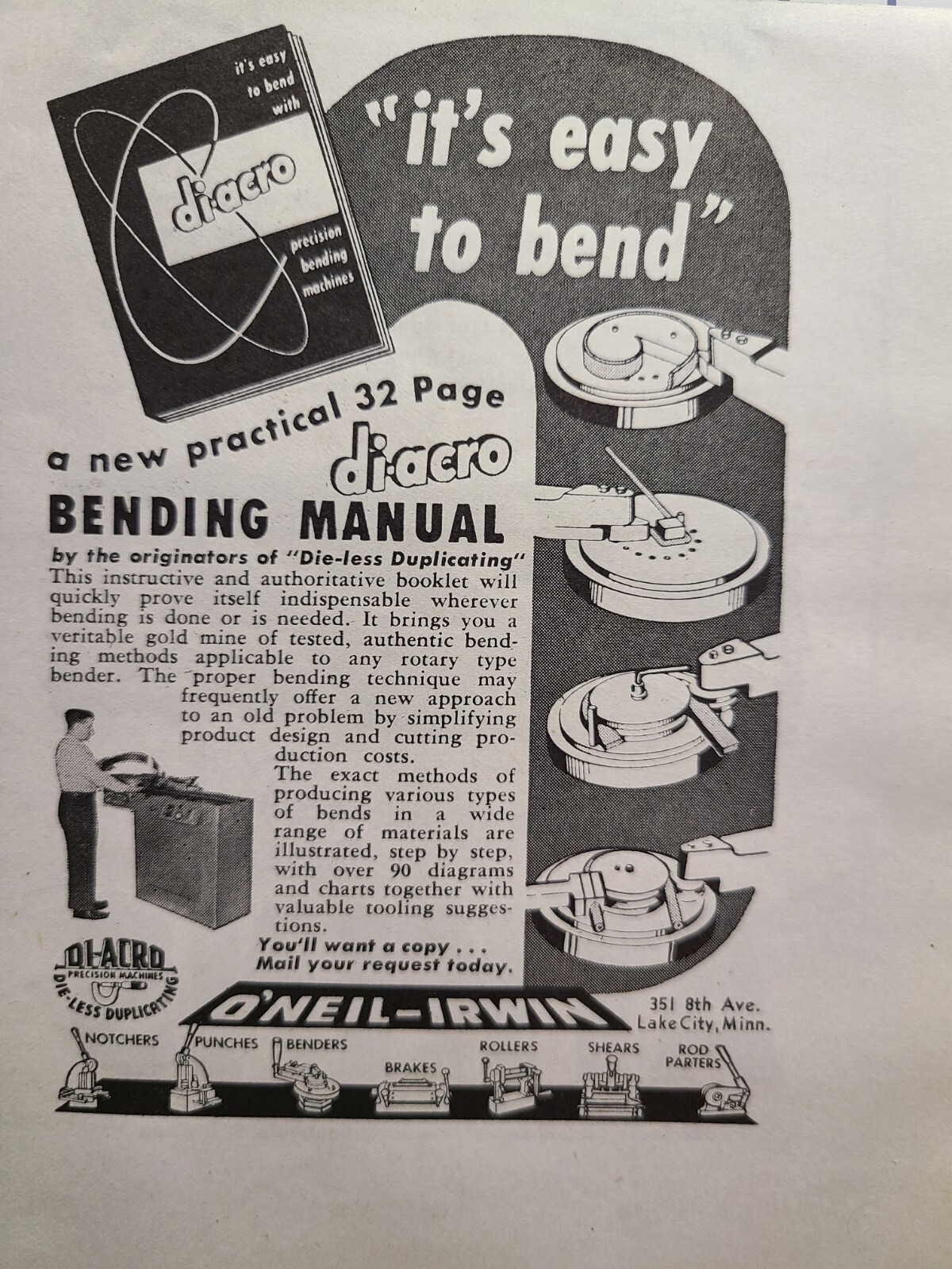 Vintage Print Ad 1952 O'Neil-Irwin Di-Acro Precision Metal Bending Machines