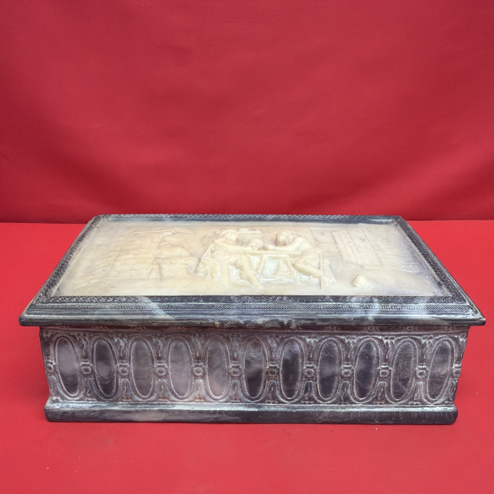 Vintage Genuine Incolay Stone Jewelry Trinket Box Handcrafted USA Figural Scene