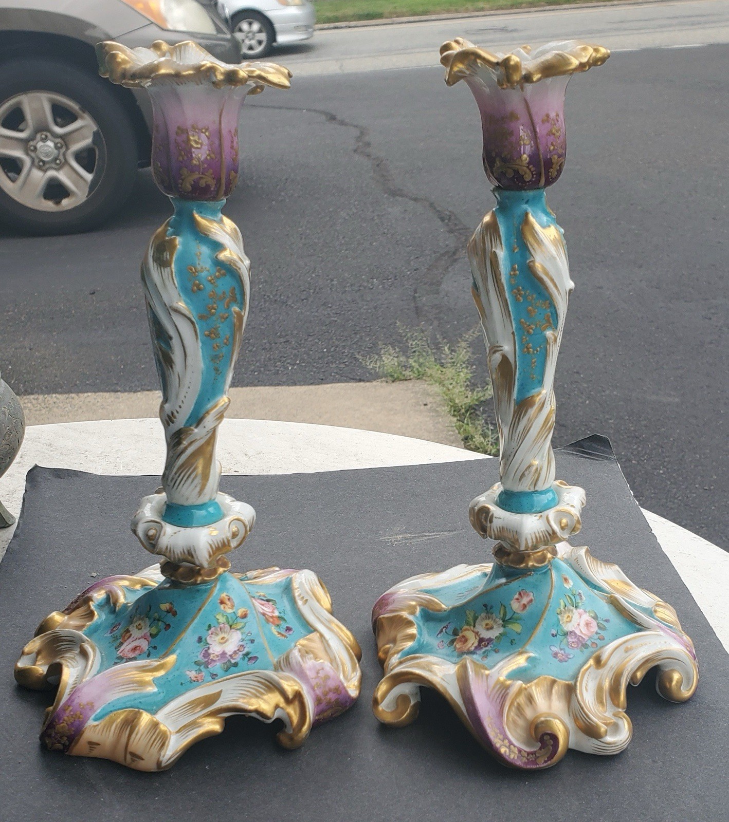 Antique Beautiful France  pair of Porcelain Candlestick 