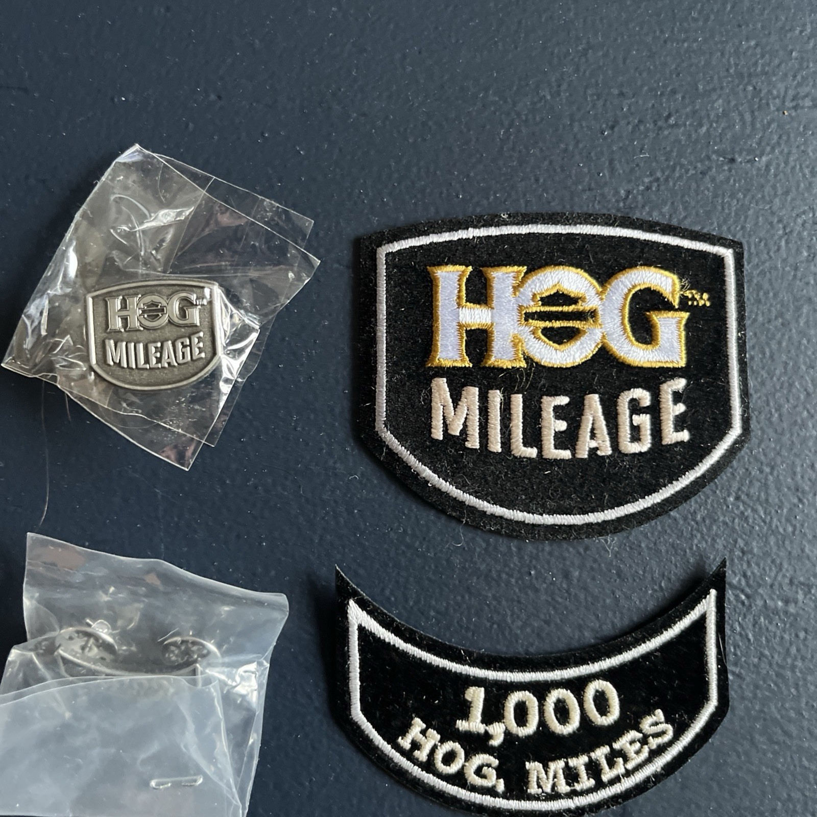 HOG MILEAGE PINS & PATCHES 1k , 5K ,10k ,25k ,40k & 60k New  & HOG MILEAGE PATCH
