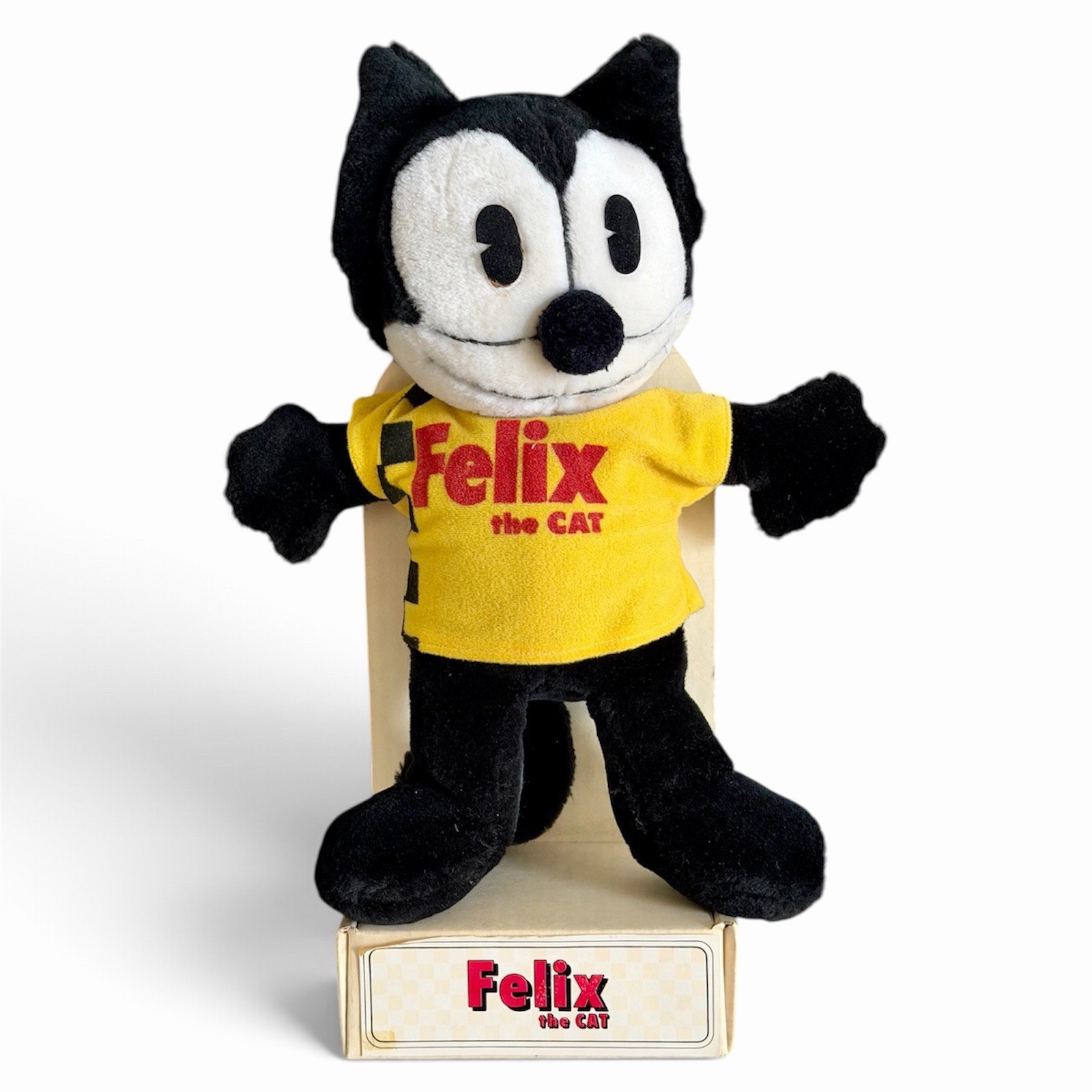 Vintage 1984 Felix The Cat Plush w/ Yellow Flag Racing Shirt 15” STILL PACKAGED