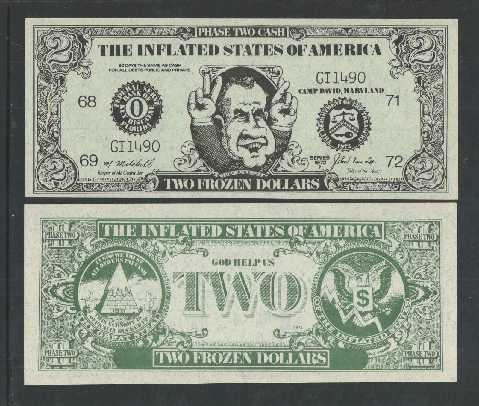 1972 RICHARD M NIXON SATIRICAL $2 DOLLAR BILL TWO FROZEN DOLLARS UNCIRCULATED
