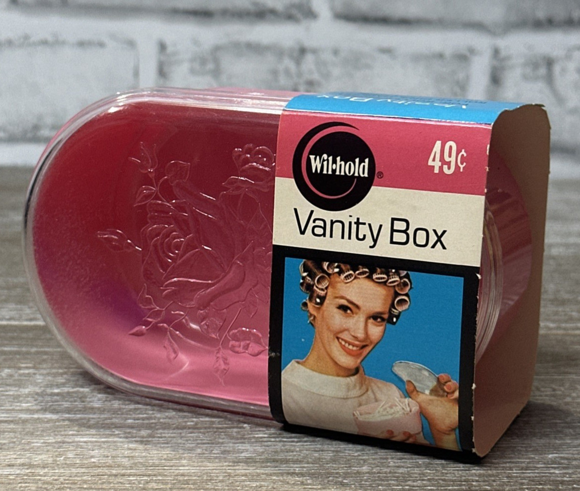 Vtg 1970\'s Wilhold Rose Pink Plastic Floral Vanity Box Dresser Organizer Unused