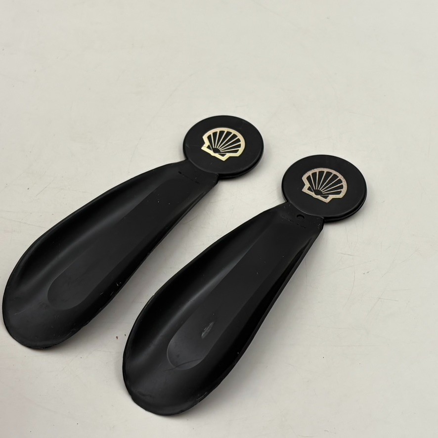 2- VTG Black Plastic Shell Oil Advertising Shoe Horn Gas Oil Golf New NOS Promo