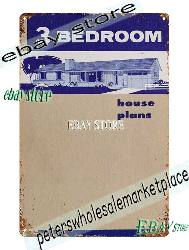 1956 Three Bedroom House Plans Mid Century Builder Tin Sign cabin decor