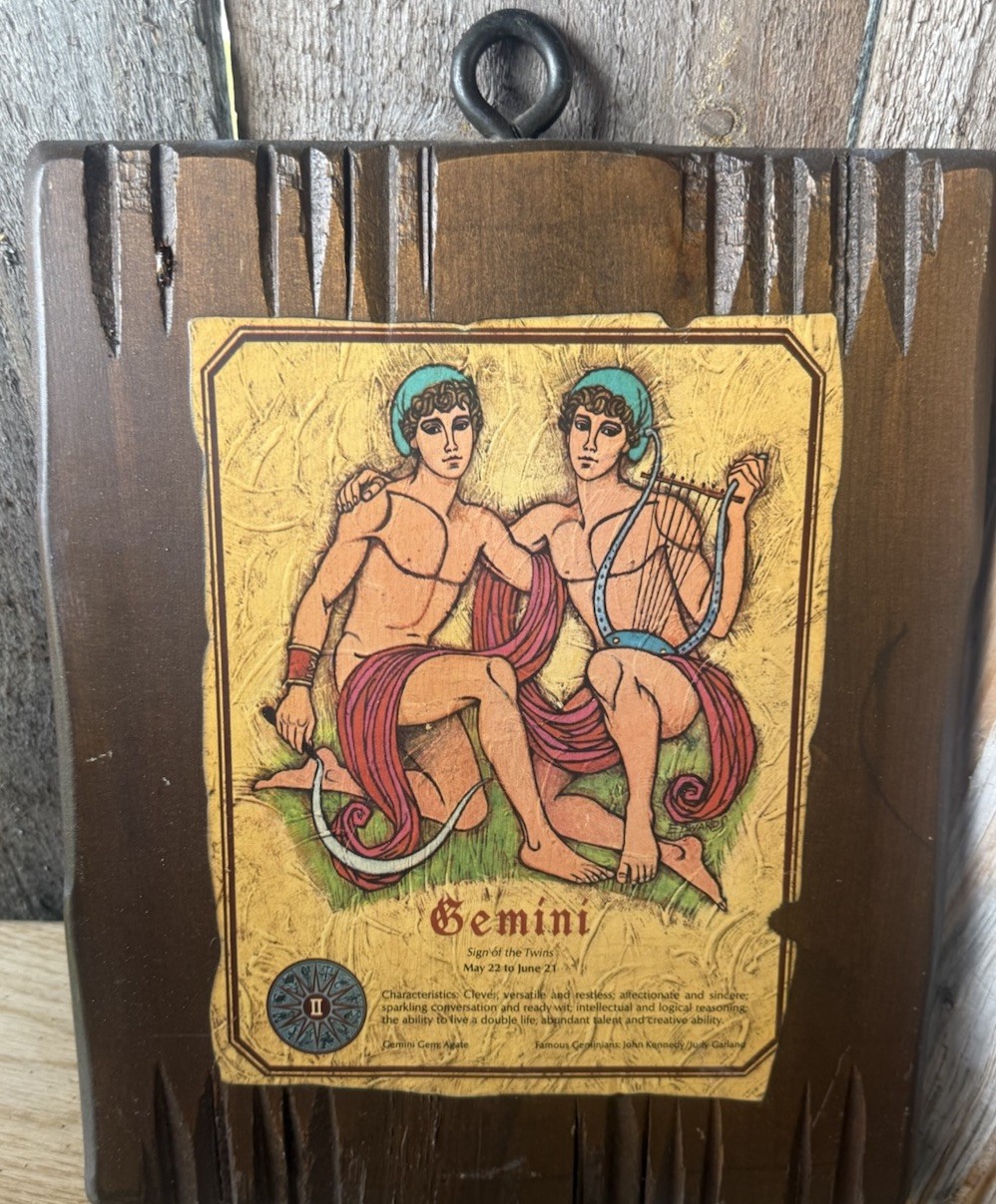 vintage MCM Gemini Zodiac Wood Hanging Plaque Astrology Twins