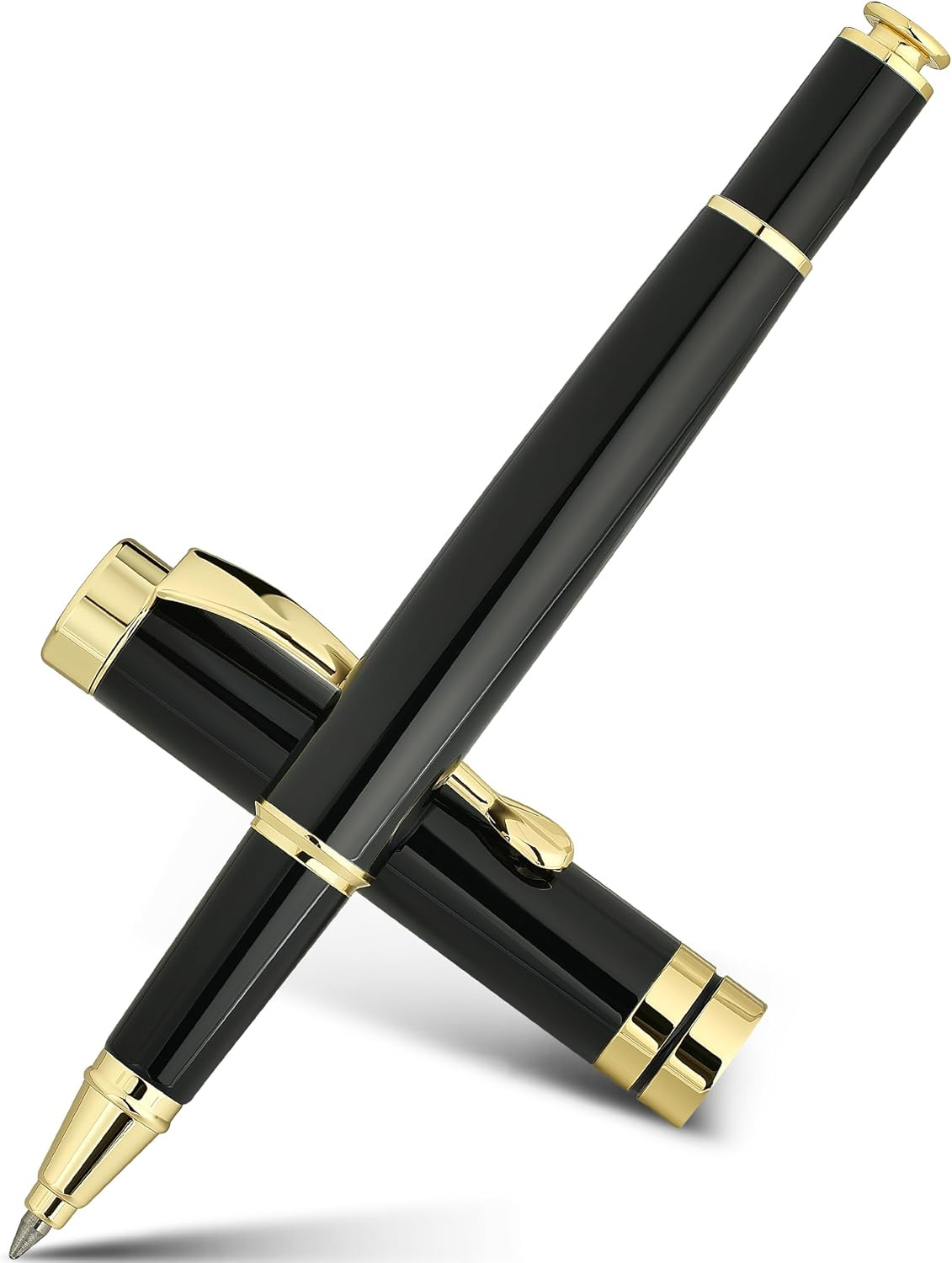 Rollerball Pen Set, Stunning Black Chrome Metal Pen with Gold Trim
