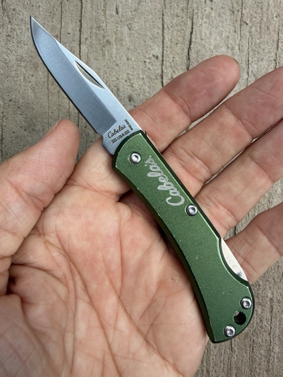 CABELA’S 440 AHC LOCKBACK FOLDING KNIFE GREEN MADE IN USA, EXCELLENT OA