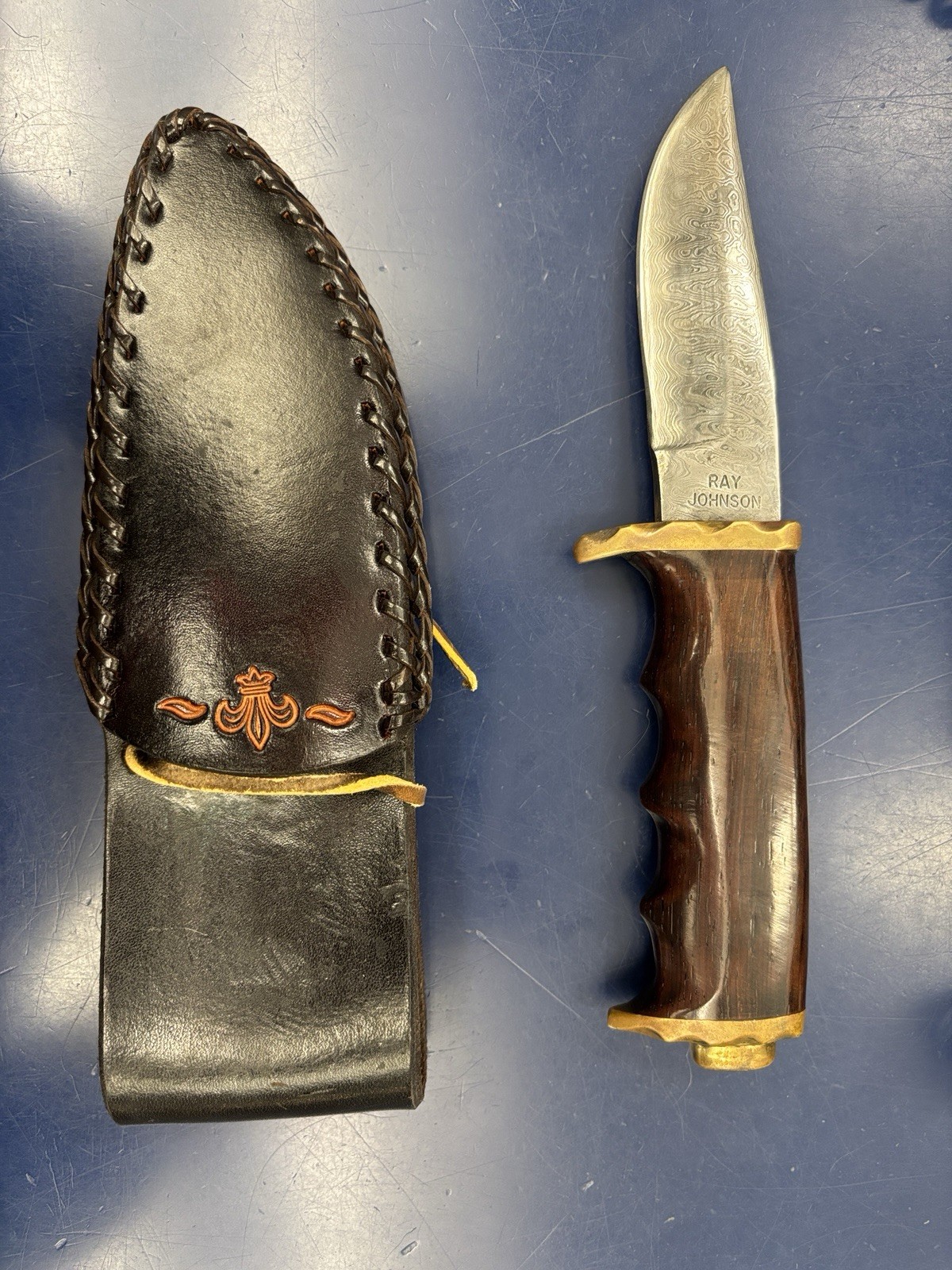 Ray Johnson Handmade Hunting Fixed Blade Knife, Wood Handle, Sheath